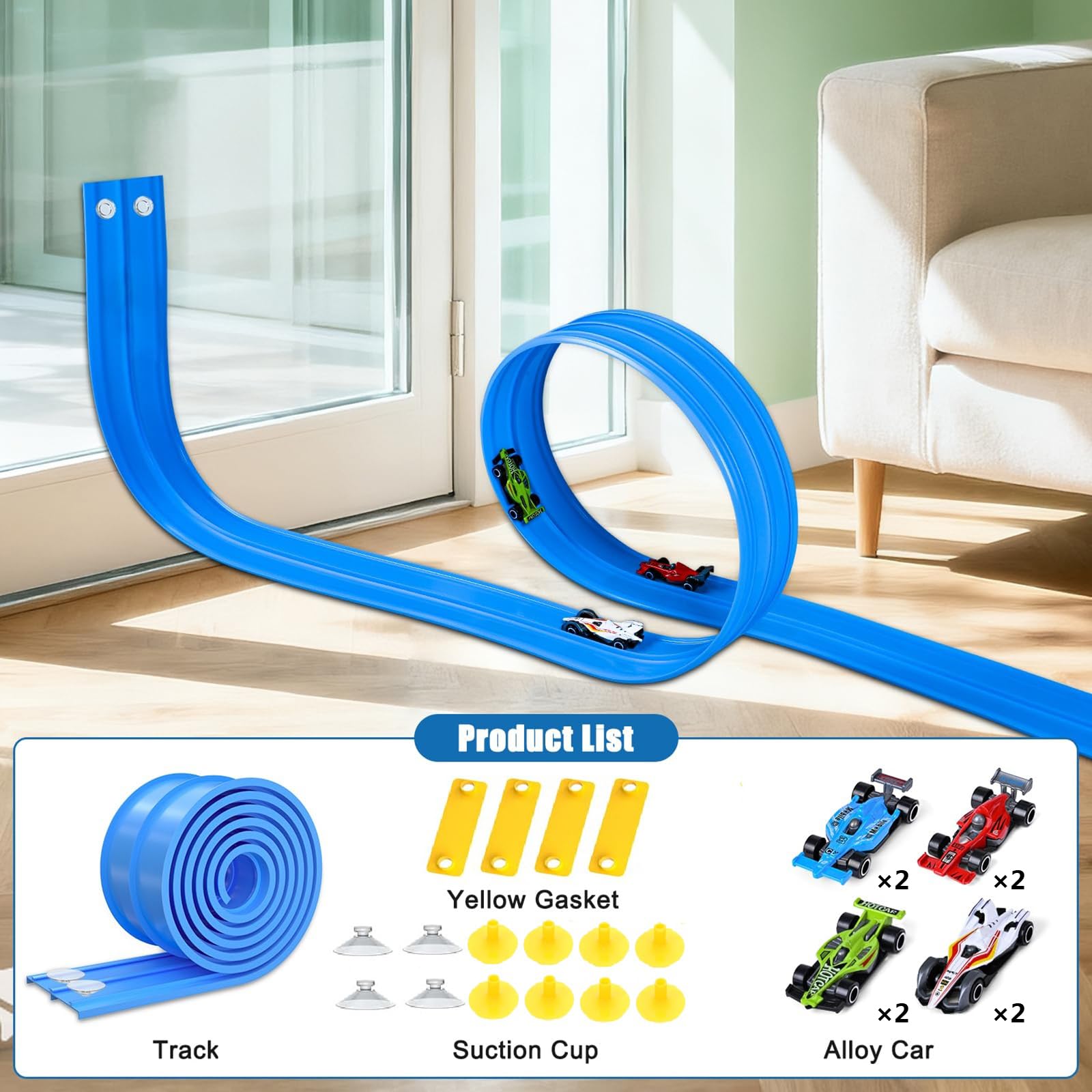 Circuit Voiture Flexible, 4M Circuit Voiture Enfant Jouet avec Voies Doubles et 1/64 Formule Course Piste de Course Flexible avec Ventouses Piste de Voitures Enroulable Cadeau Garçons Filles