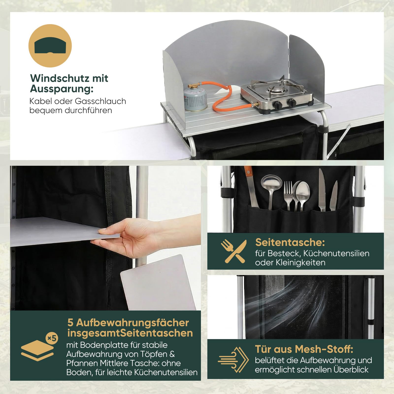 Sekey Campingküche Faltbar, Campingschrank mit Arbeitsplatte und Staufächern, Outdoor Küchenschrank mit Aluminiumgestell, Ink. Tragetasche, Mobile Schränke für Outdoorküche, Vorzelt, Wohnwagen