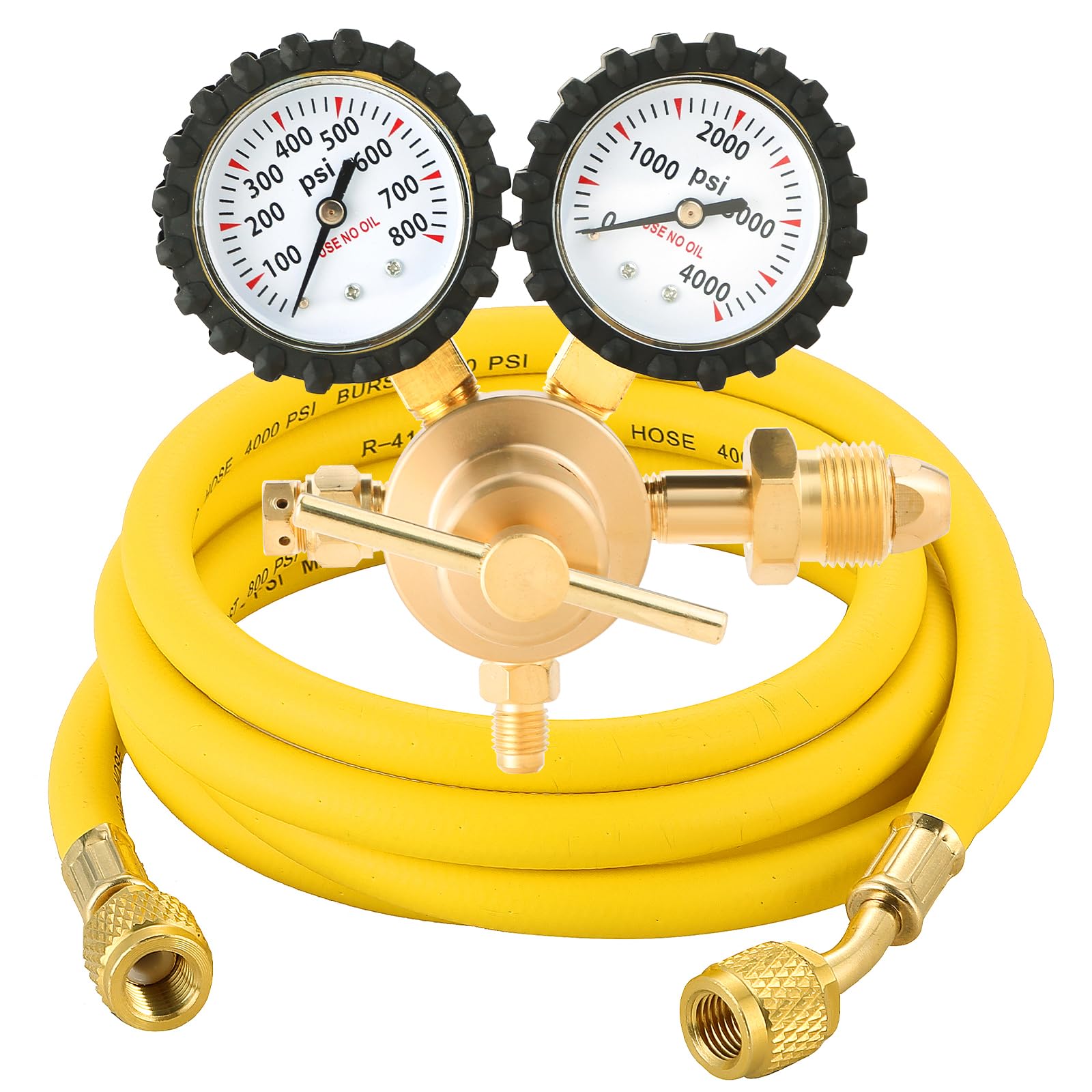 DASBET Nitrogen Gas Regulator with 0-800 PSI Delivery Pressure Range 1/4" Male Outlet Connection and CGA580 Inlet Brass Inlet Outlet Connection Gauges with 6.5 Ft Refrigeration Hose for HVAC Purge