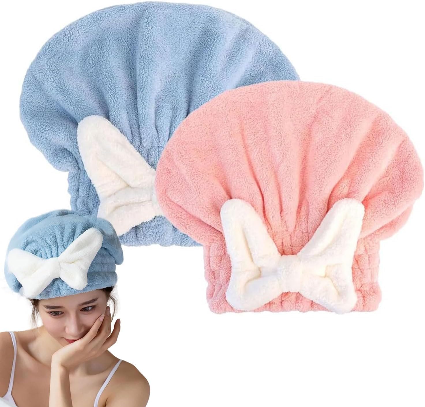 ALMEKAQUZ2 Pcs Super Absorbent Hair Towel Wrap for Wet Hair, Quick Dry Head Wrap with Bow-Knot Shower, Microfiber Hair Towel Wrap for Wet Hair, Long Thick Curly Hair.