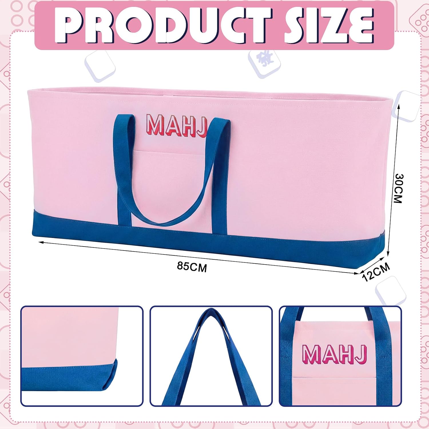 Mahjong Bag for Tiles and Racks Empty American Mahjong Tiles Carrying Tote 31.5 x 12 x 4 Inch Canvas Tile Game Accessory Gift for Pusher Rack Mat, Case Only(Pink and Dark Blue,Classic) image 2