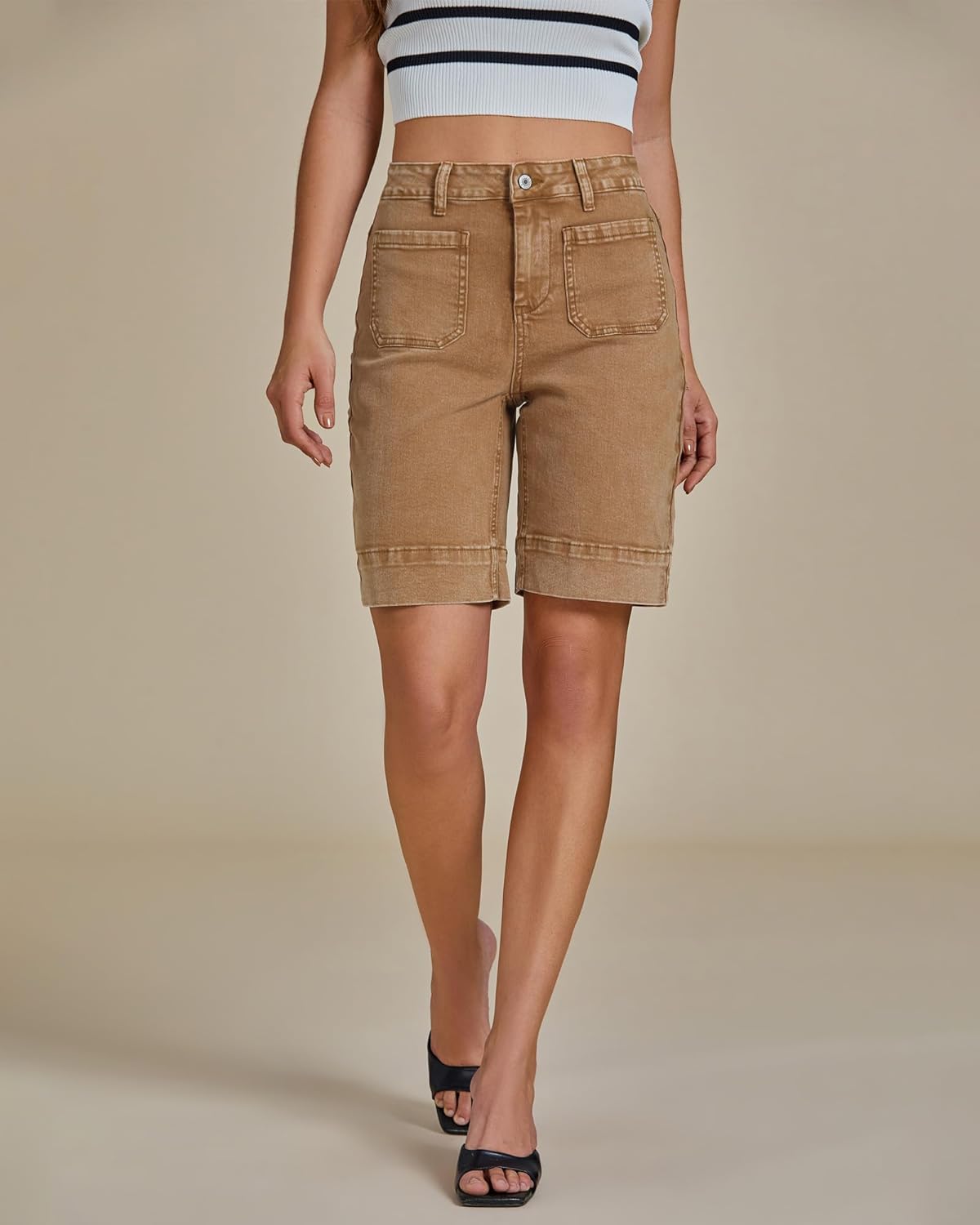 luvamia Bermuda Shorts for Women High Waisted Trendy Patch Pocket Casual Vintage Long Stretchy Denim Shorts Summer Jorts - Image 7