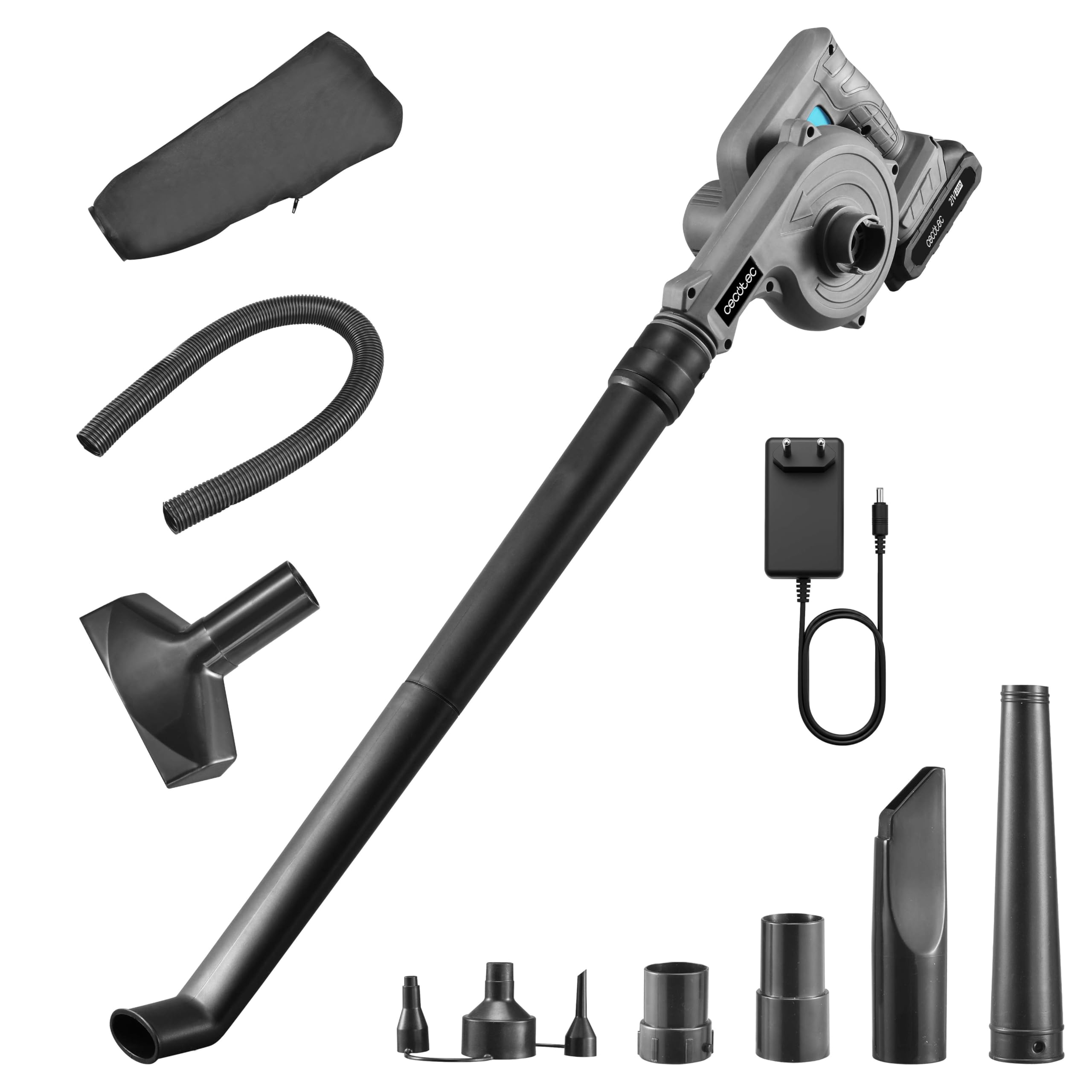 Cecotec Soplador de Hojas a Batería 21V Airforce 2120 FreeMove. Velocidad hasta 200km/h, Ligero, Incluye Dos Tubos Intercambiables para Alcance Largo o Corto, Dos Boquillas y Bolsa