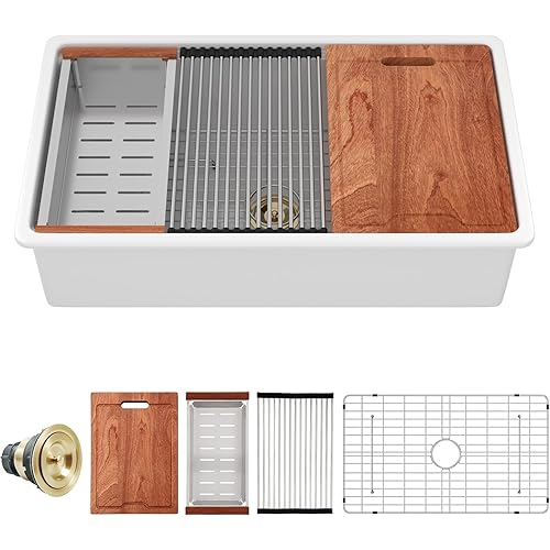 Sarlai White Kitchen Sink Workstation 33 Inch White Undermount Kitchen Sink Ceramic Kitchen Sink Drop In Single Bowl Ledge Workstaion Sink Topmount Fireclay Sink for Kitchen 33 x19 x10 Inch