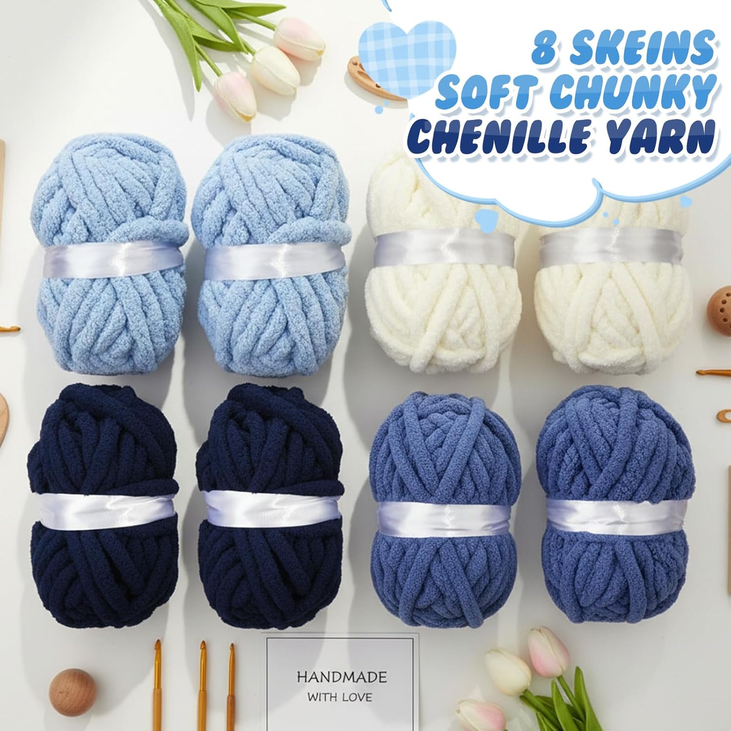 Buryeah 8 Pcs Jumbo Big Chunky Yarn for Hand Knitting Crocheting #10 Chenille Blanket Yarn 8.8 oz Bulky Soft Thick Fluffy Plush for Knitting Blanket DIY Crafts 28.5 Yards Each(Blue)