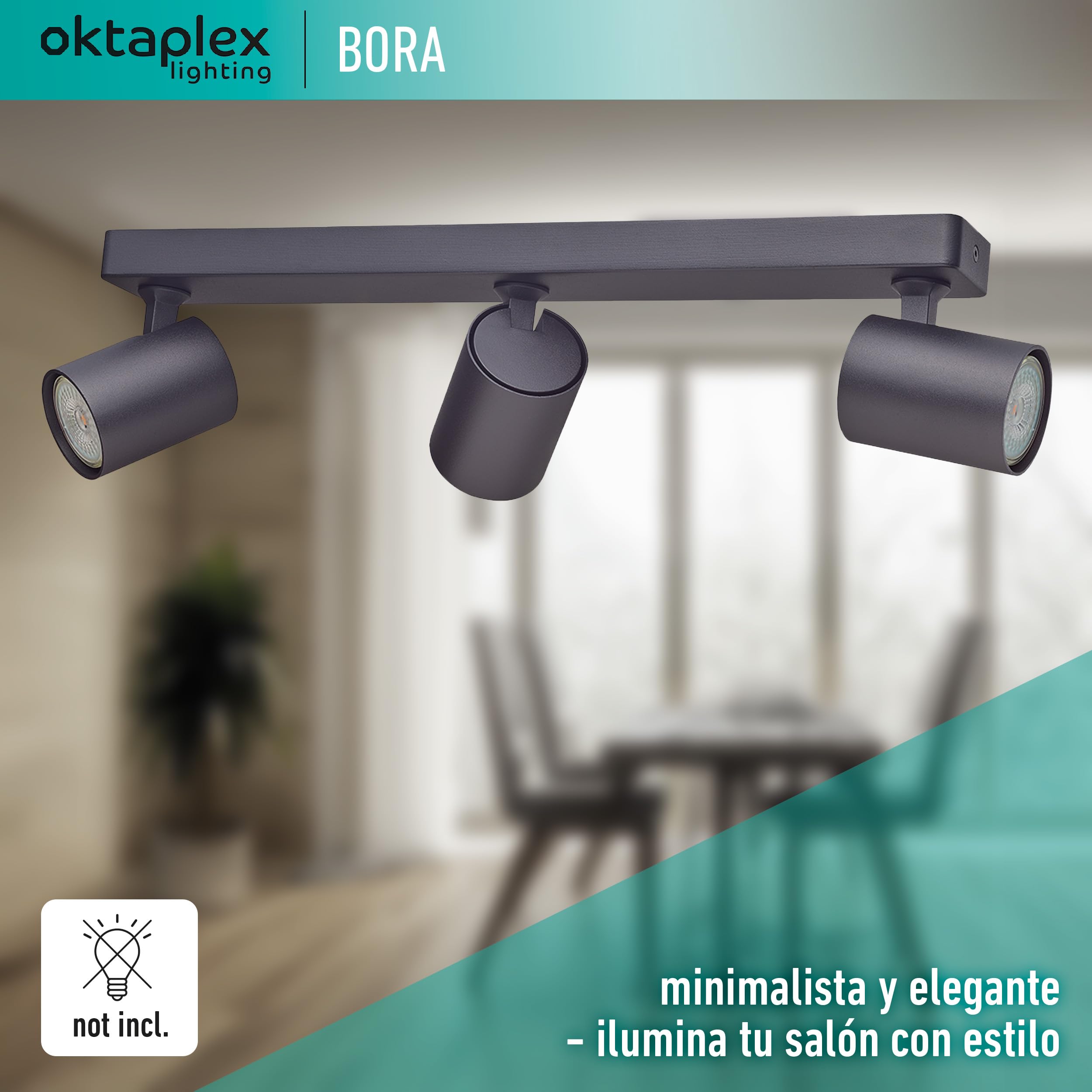 Oktaplex Bora foco de techo 3 flame GU10 LED spot bar 45 cm 230 V spot luz foco orientable lámpara de techo negro