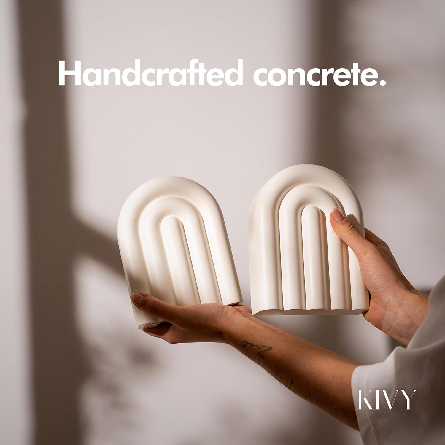 KIVY Concrete Book Ends for Shelves [Heavy Duty BOOKENDS] - Bookends Decorative for Heavy Books - Modern Trendy Book Ends - Book Stopper for Shelves - Book Holders for Shelves (White Bookends)