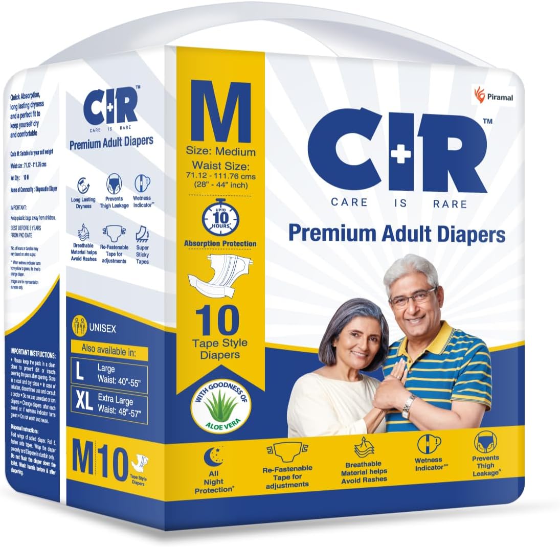 CIR Premium Adult Diaper - Tape Style | All Night Protection with Aloe Vera | Medium (M) Size | Waist (71-111cm|28"-44") | 10 Units