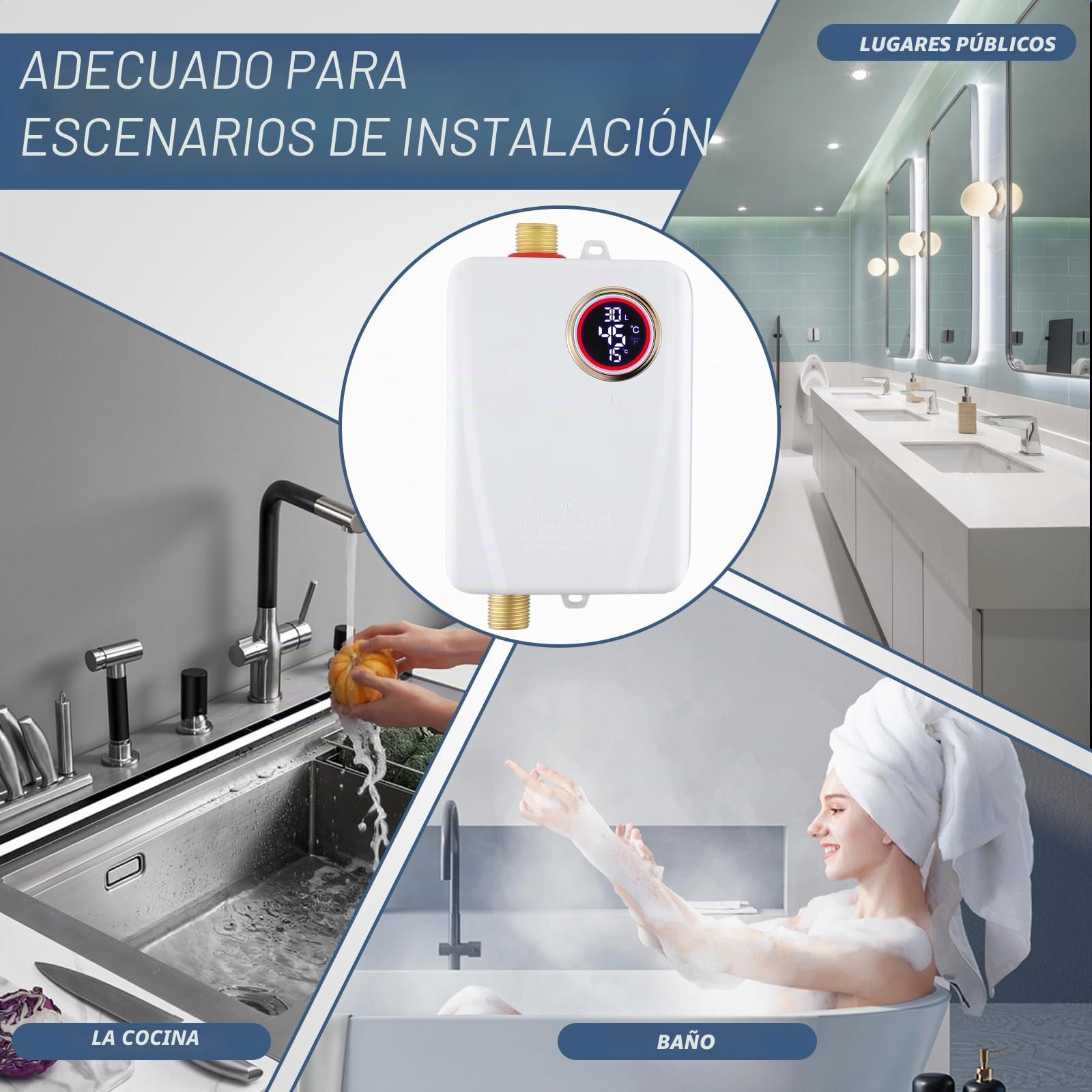 Calentador de agua eléctrico, 3500 W, 220 V, mini calentador de agua instantáneo con pantalla LCD, 20 – 50 °C, IPX4, resistente al agua, calentador de agua eléctrico, para ducha, baño, cocina