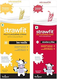 Strawfit Milk Flavouring Bon Vanilla and Strawberry Bliss Flavoured Straw with Colostrum for Immunity - 10 Flavoured Straws (7 + 3 Combo) | Sip it with Delicious Flavours (Pack of 2)
