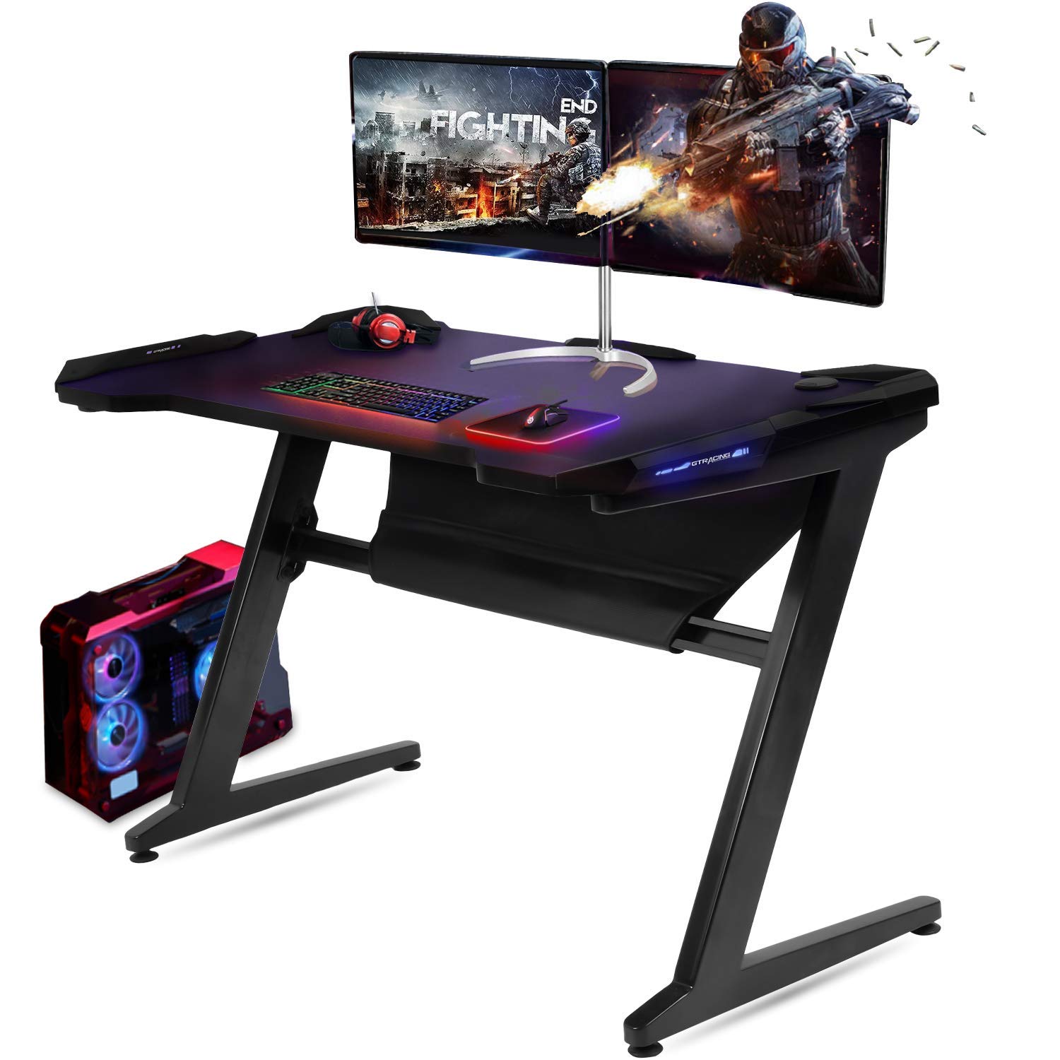 Buy GTRACING Gaming Desk Racing Computer Table with LED Light PC Stand