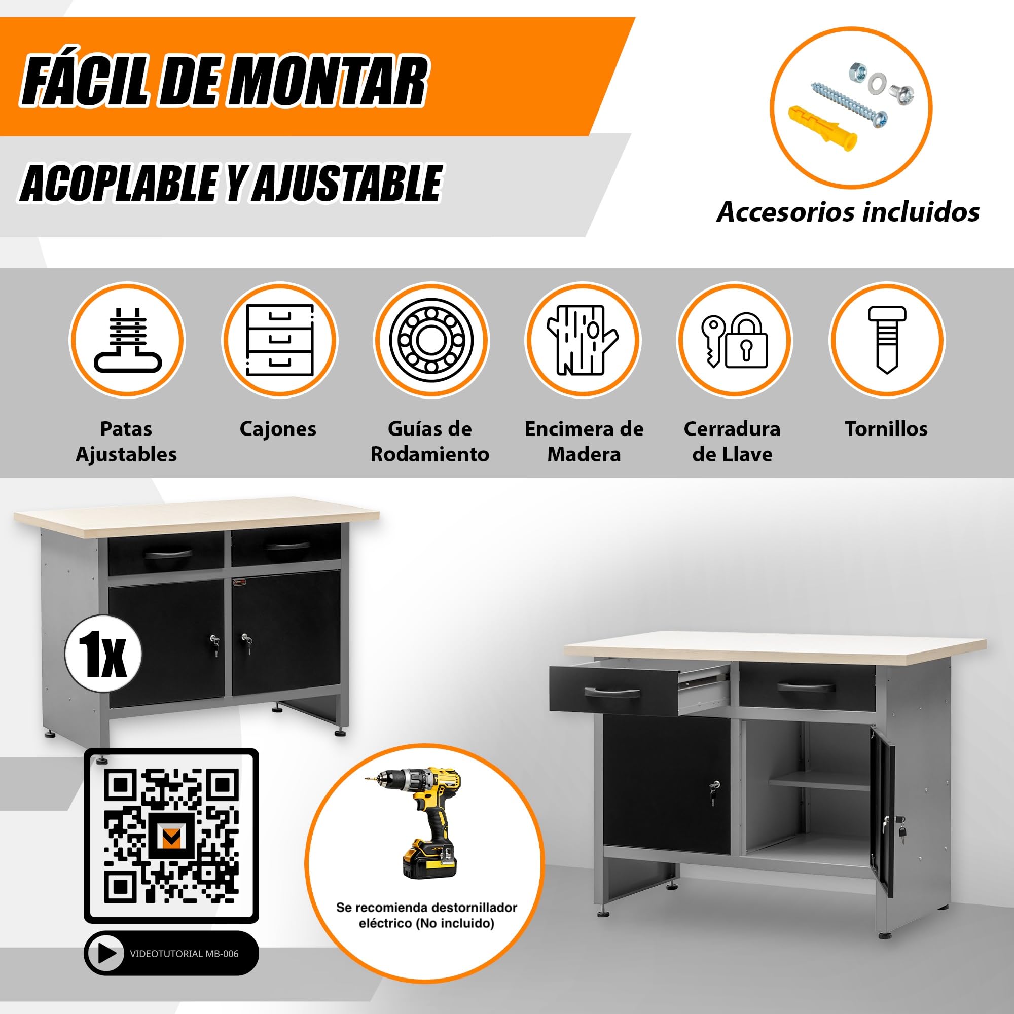 Établi Metallmobell MB-006G – Avec 2 Armoires, 2 Tiroirs Et Plateau 30mm – Neuf
