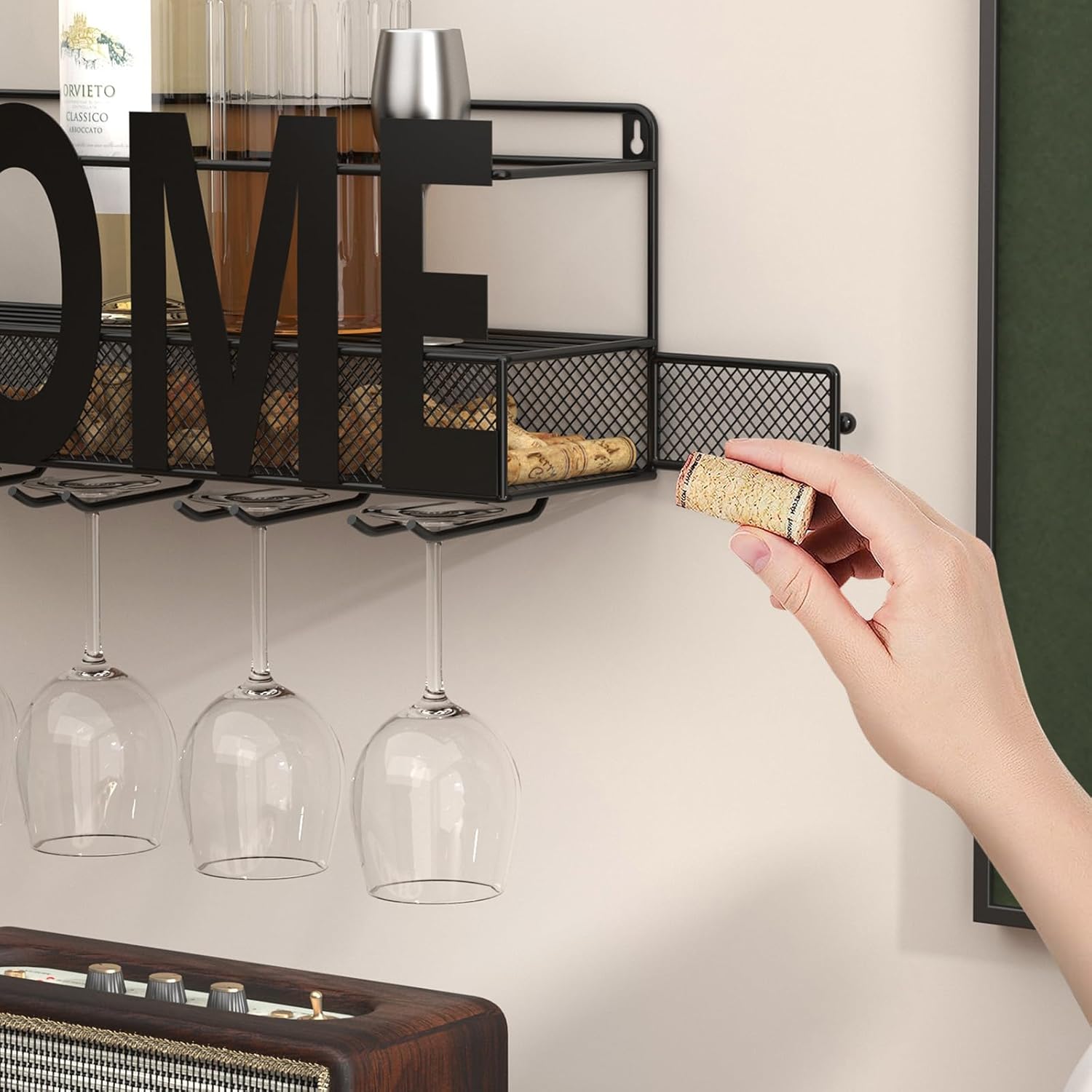 Wall Mounted Metal Wine Rack - Wine Rack Wall Mount Wine Bottle Holder 4 Long Stem Glass Holder & Wine Cork Storage Home