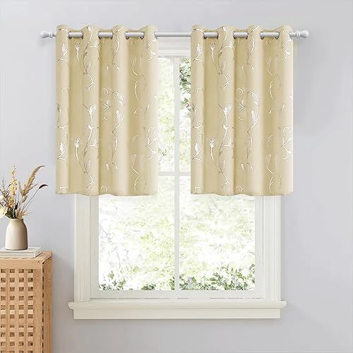 Miniatura 62 de BUHUA Cortinas opacas con estampado de flores, cortinas de ventana con aislamiento térmico, patrón de vid elegante en plata para habitación de bebé,