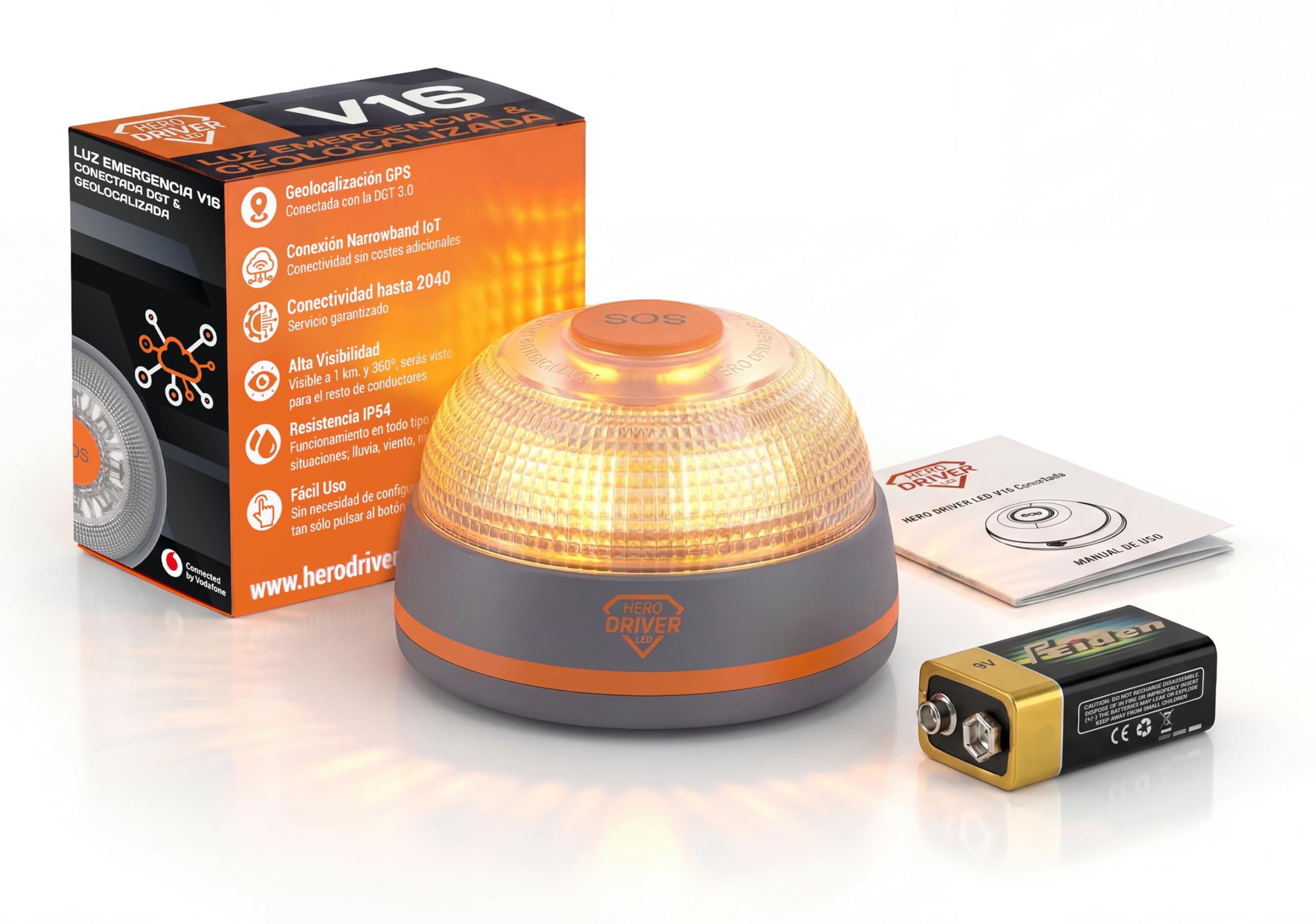 Pack 4x Hero Driver LED Baliza V16 Conectada y Geolocalizada – Certificada por la DGT – Conectividad Incluida hasta 2040 – Emergencia Coche – Obligatoria a partir de 2026 – Tarjeta Vodafone SIM Gratis