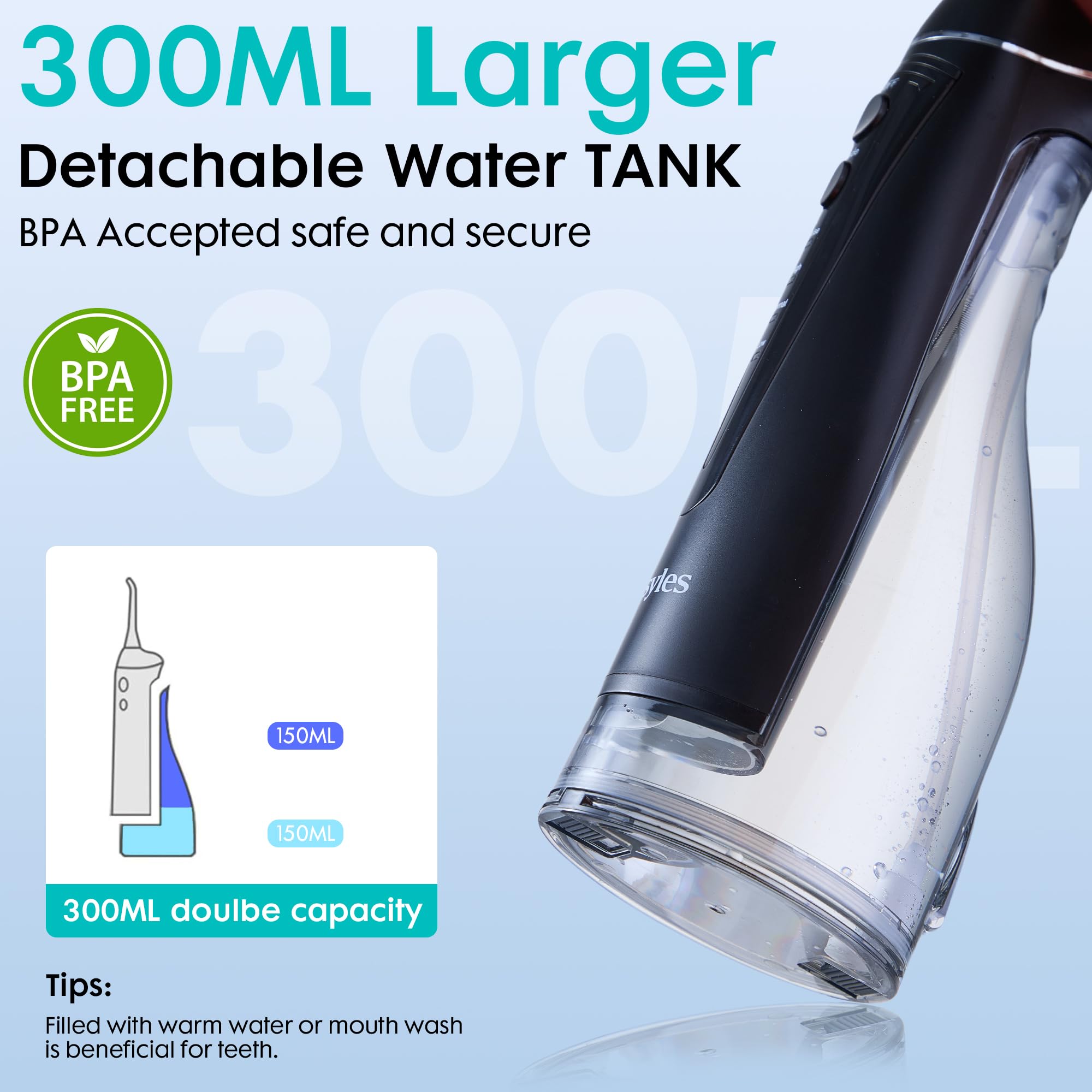 Irrigador dental de agua, púa de dientes, con 9 boquillas, 4 modos, tanque de 300 ml, irrigador bucal, irrigador bucal eléctrico impermeable IPX7 para piedra de amígdala, limpieza de dientes,
