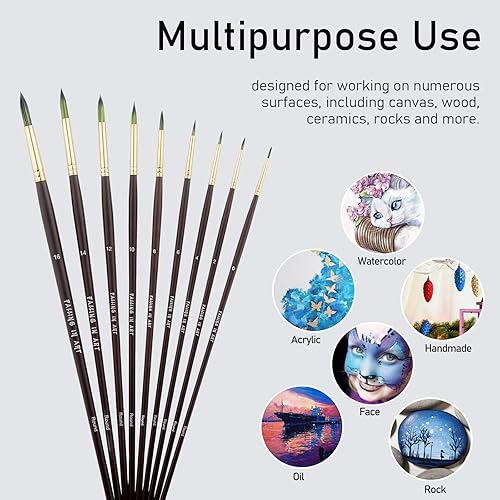 Miniatura 3 de Falling in Art Juego de 9 pinceles redondos de pintura, pinceles profesionales de nailon, pincel de artista de mango largo para acuarela, acrílico y