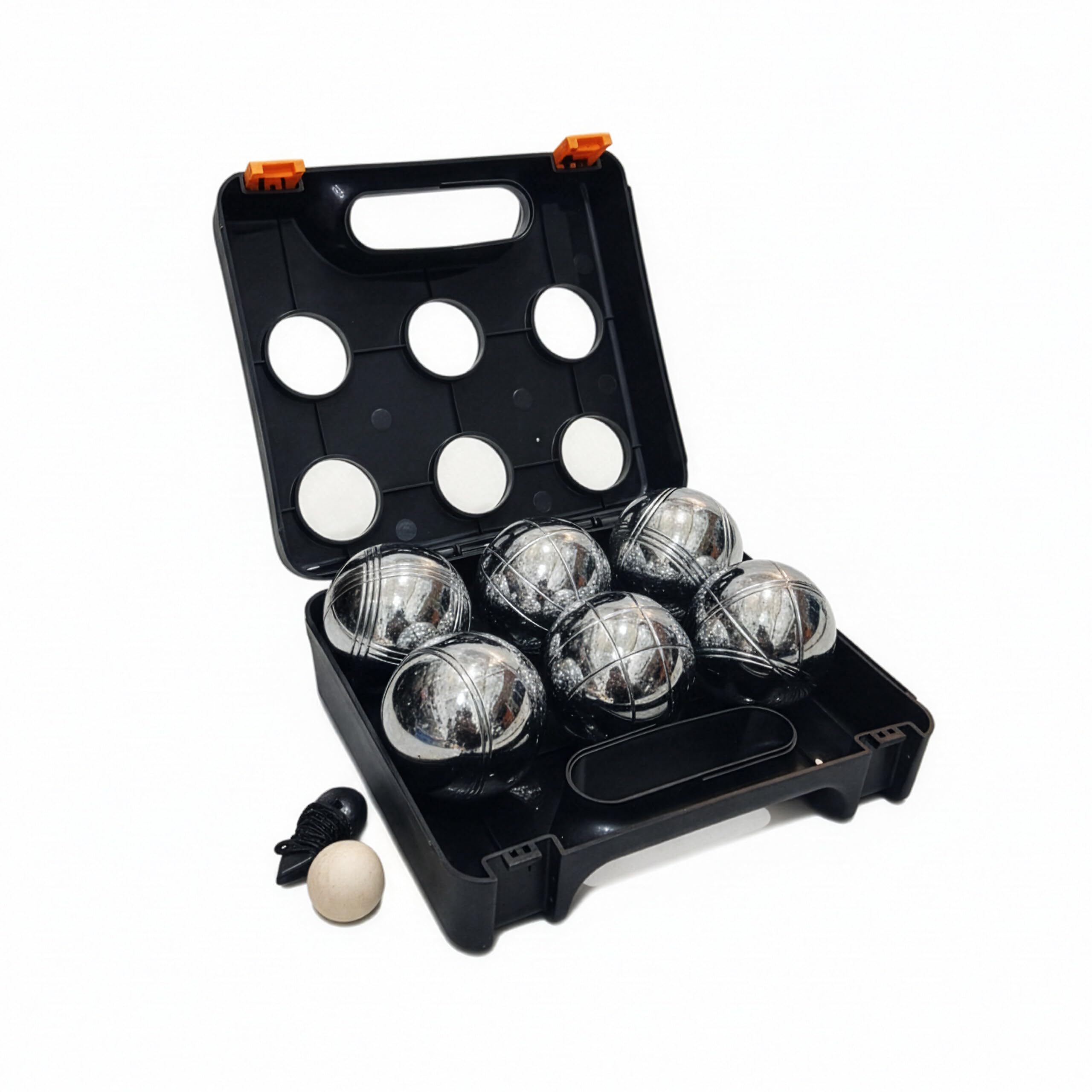 Bolas de Petanca Relaxdays, 6 de Acero, Set con Bola Objetivo, medidor y maletín, Juego de Boules, Negro/Plateado
