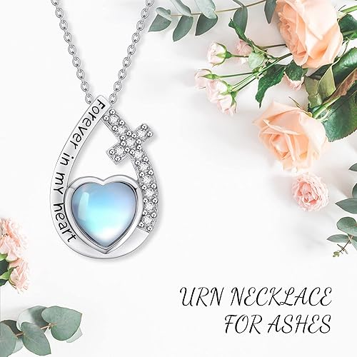 Miniatura 6 de HUKKUN Collar de urna de piedra lunar de corazón, cruzinfinito para cenizas para mujer, plata de ley, delicada, joyería de cremación, regalo