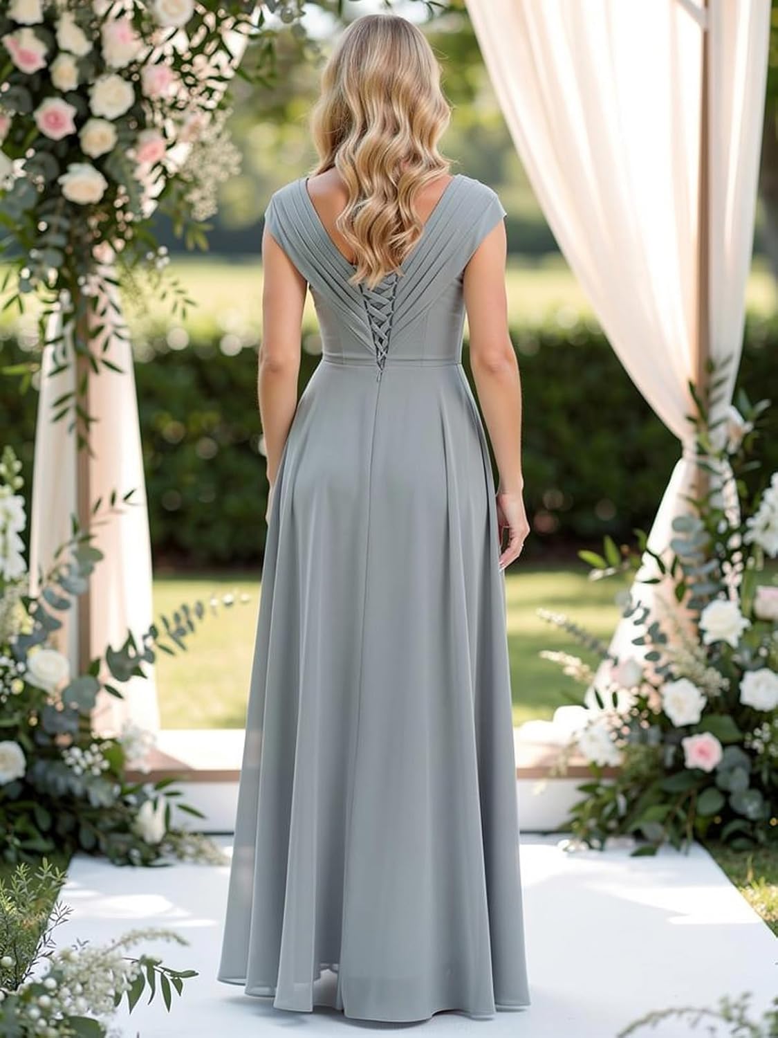 SNOWROSE Chiffon Mother of The Bride Dresses for Women V Neck Rhinestone Sequin Long Ruffle Formal Wedding Guest Dress