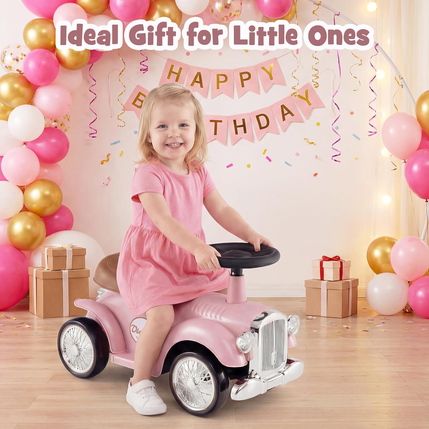 HONEY JOY Ride On Push Car, Outdoor Toddler Riding Toys w/Steering Wheel, Horn & Storage, Foot-to-Floor Sliding Car, No Batteries, Retro Baby Ride On Toys for Boys and Girls (Pink)