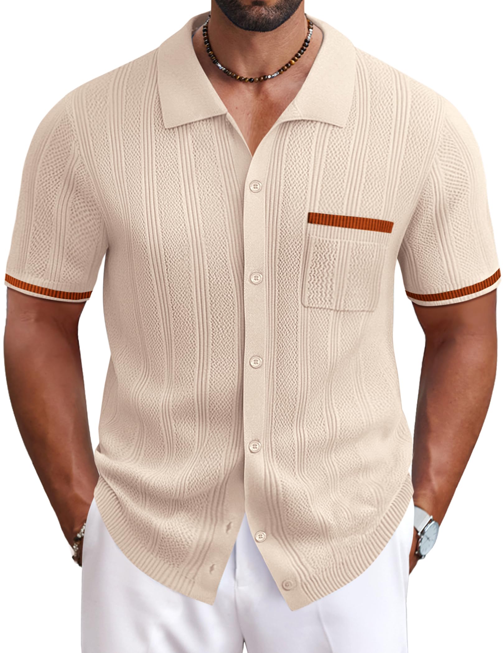 COOFANDYMen's Knit Button Down Shirt 2025 Vintage Short Sleeve Polo Shirt Casual Beach Tops