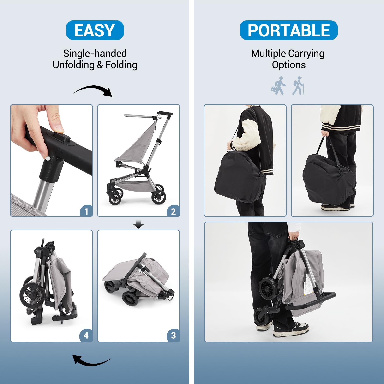 Garvee Poussette Canne Ultra Légère - Poussette Bébé Compacte <10 LBS Pour Avion Avec Sac De Transport, Pliable à Une Main, Canopée Réglable, Roues 360°, Harnais 3 Points, Poussette Voyage 6-36 Mois