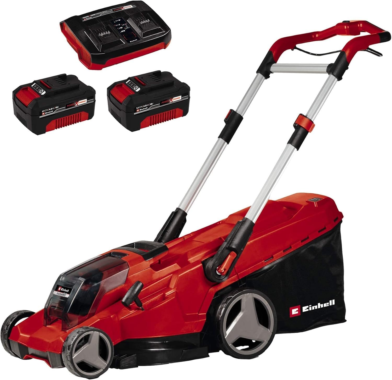 Tondeuse à Gazon sans Fil RASARRO 36/42 Kit PXC Einhell (36 V, Largeur de Coupe 42 cm, Jusqu’à 550 m², Moteur sans Charbon, Fonction Mulching, bac collecteur 50 L, avec 2 Batteries 4,0 Ah + Chargeur)