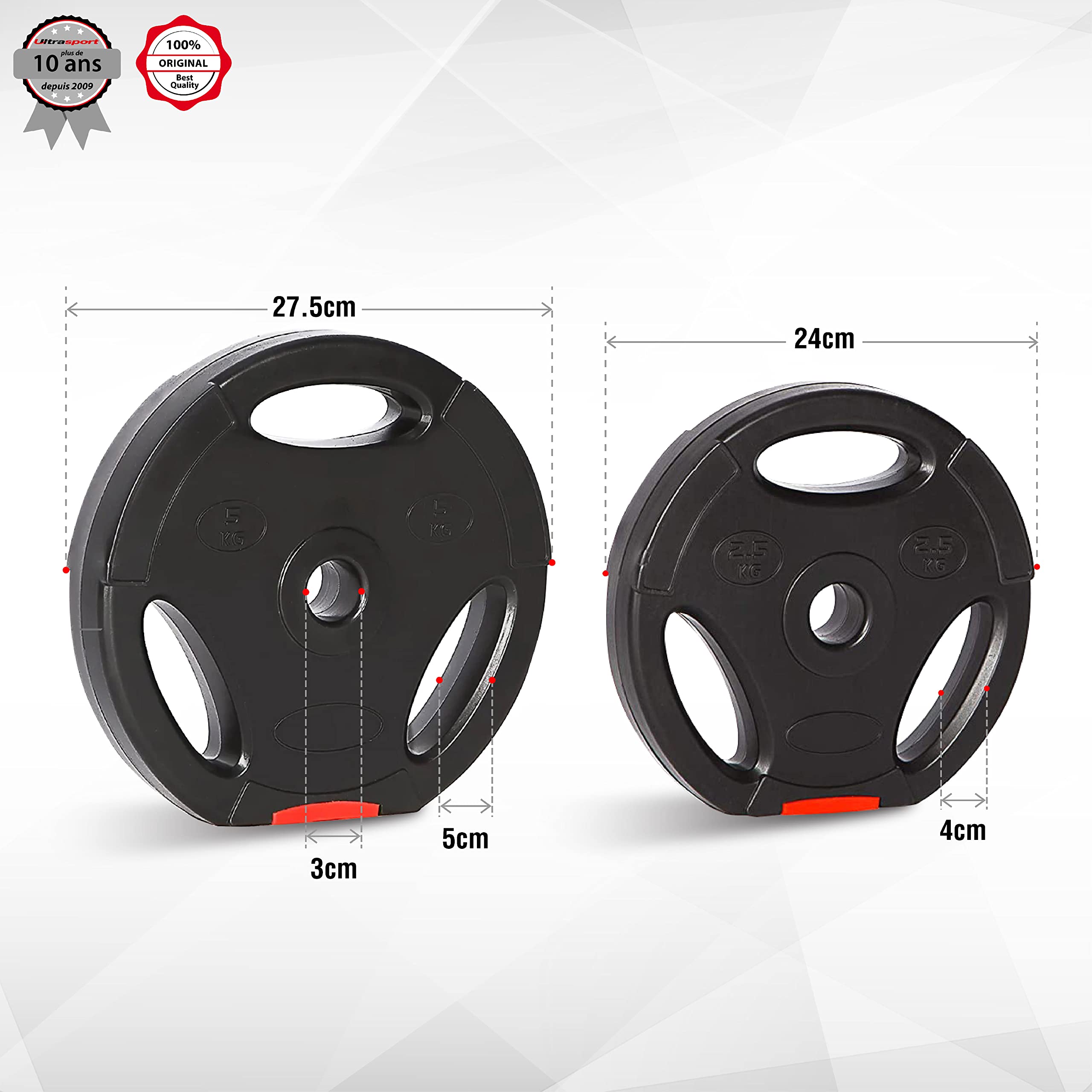 Ultrasport Ensemble de disques d'haltères, 4 poids d'haltères en ensemble, 15 kg ou 25 kg, pour haltères courts et barres d'haltères longues, avec poignées, ensemble complet en métal de 30 kg