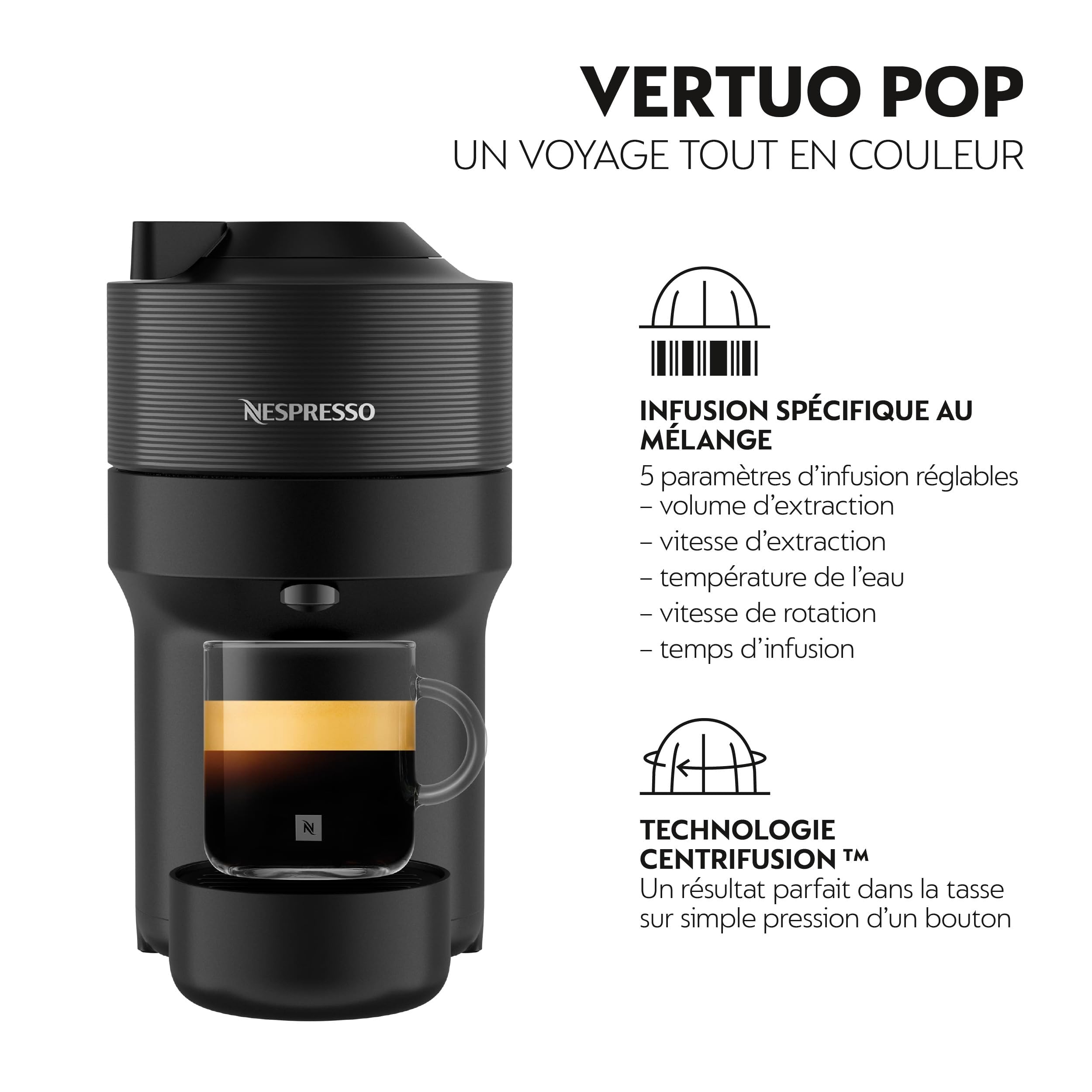 Nespresso De'Longhi Machine à Café Vertuo POP Noir, Capsules café Vertuo seulement, Technologie Centrifusion, 5 Tailles de Tasses + Kit de Bienvenue, Design Compact, Arrêt Automatique, ENV90.B