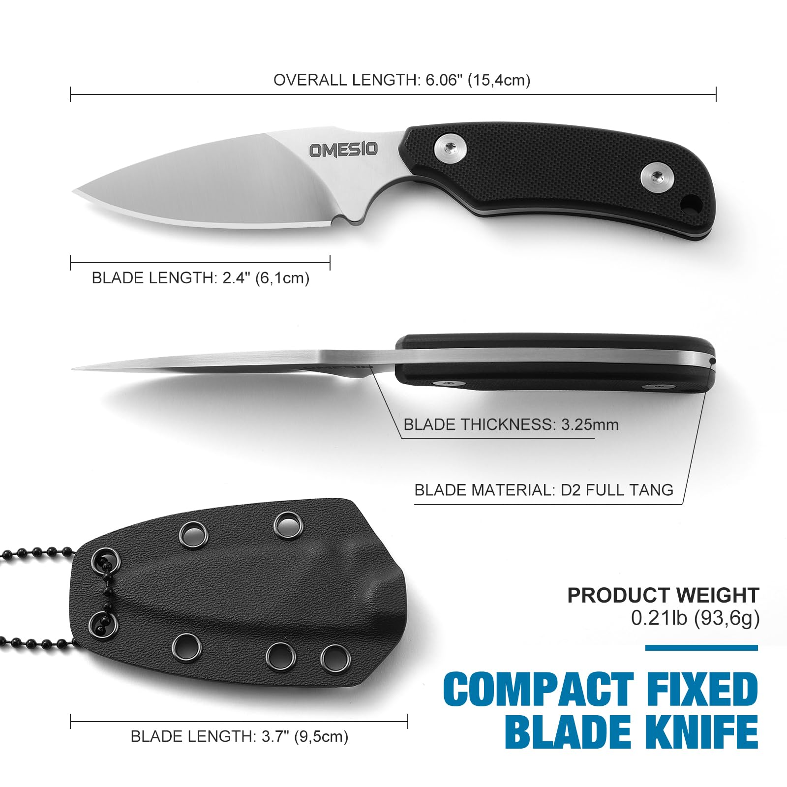 Omesio Cuchillo de Cuello EDC Pequeño con Vaina Kydex, Hoja D2, Mango G10
