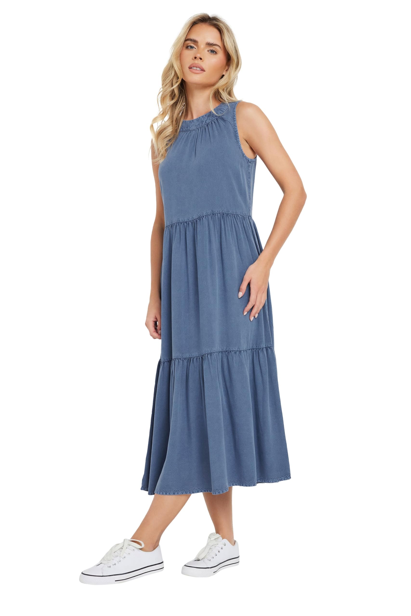 M&Co Petite Blue Acid Wash Tiered Sleeveless Dress - Size 14
