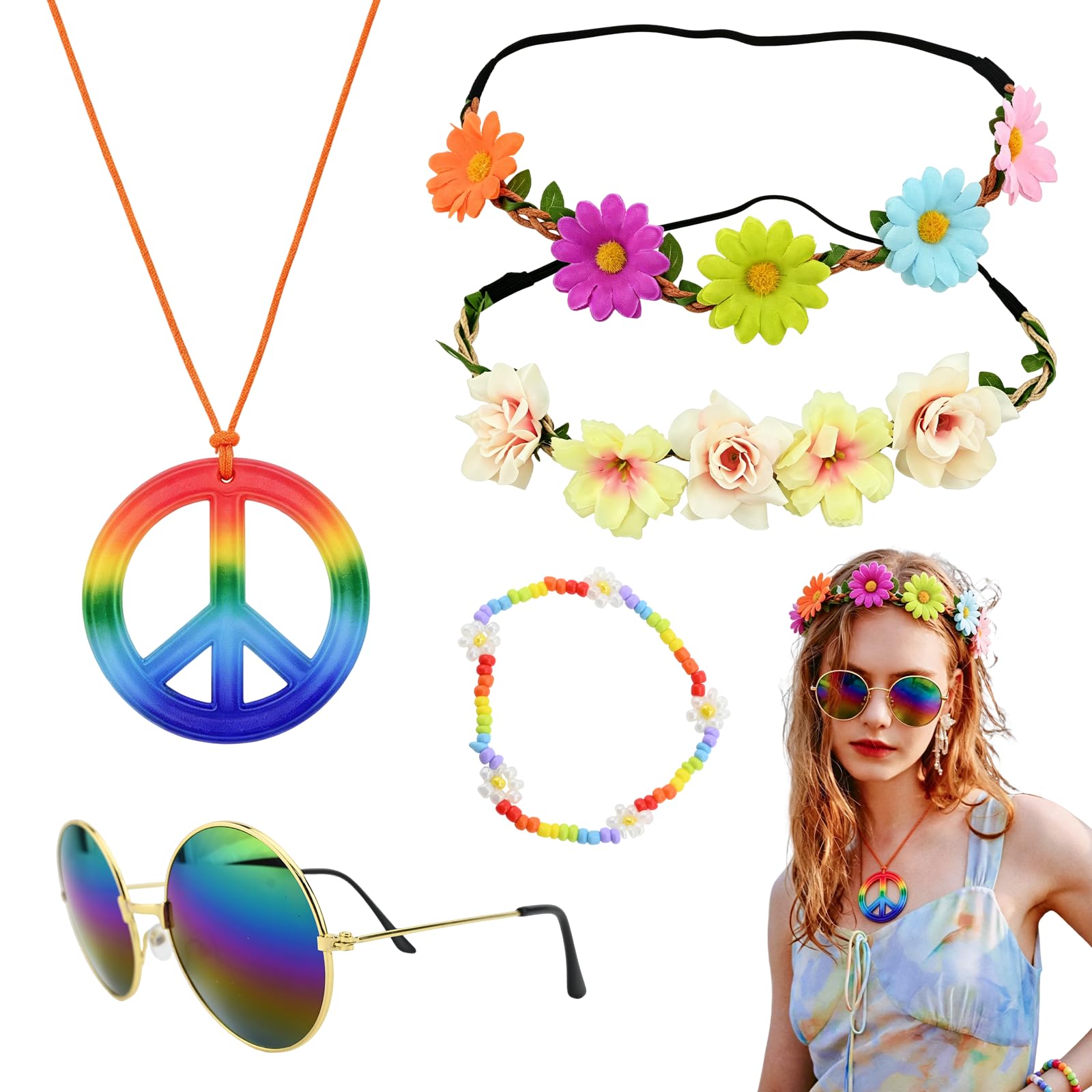 5Pcs Hippie Accessories Set for Women, 60s 70s Retro Fancy Dress Costume with Flower Crown Headband Hair Fork Peace Sign Accessories Round Sunglasses Bohemian Festival Groovy Party Favors (Multi.)
