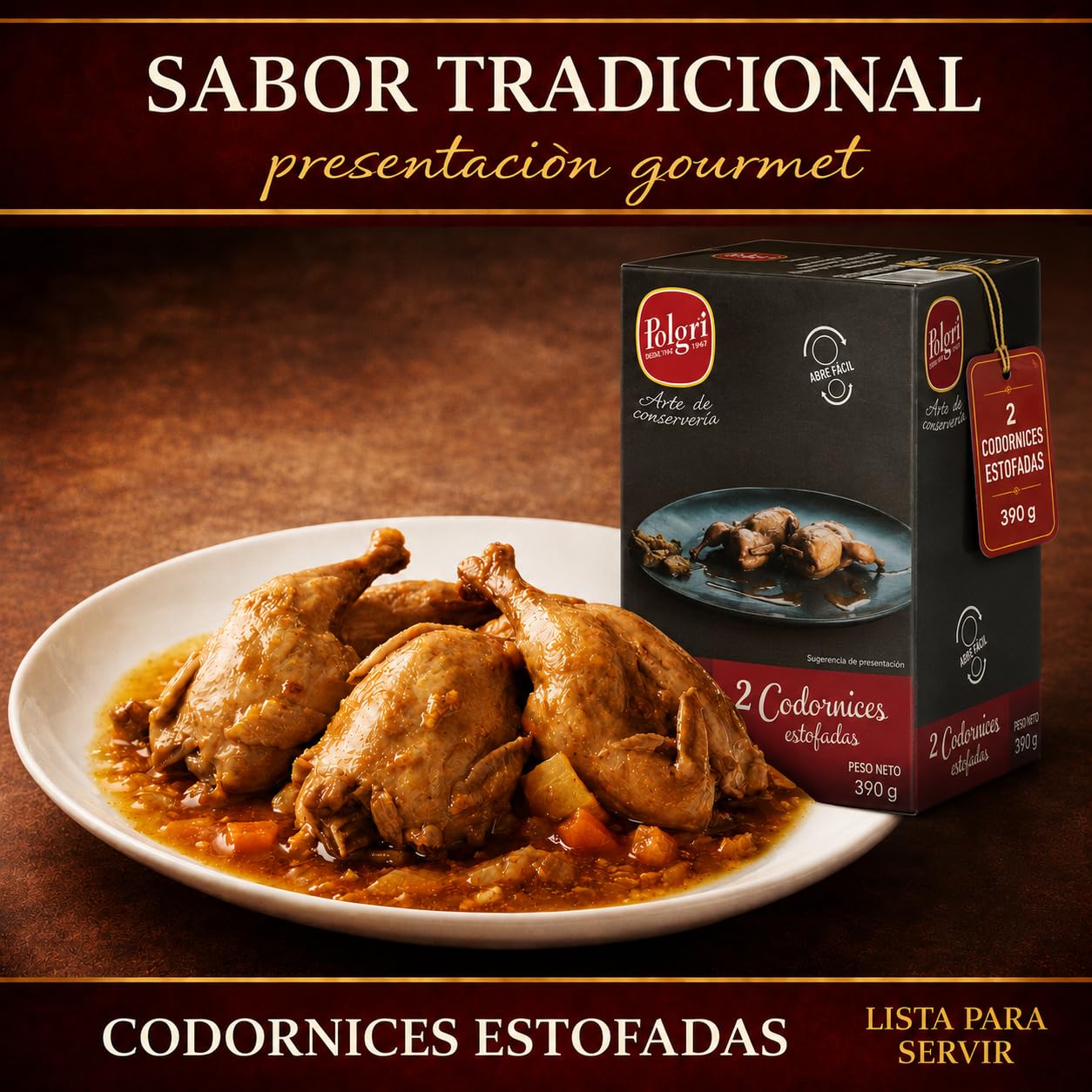 POLGRI Codornices Estofadas Toledana 390 g Lata Estuchada Conserva de Caza Comida Gourmet