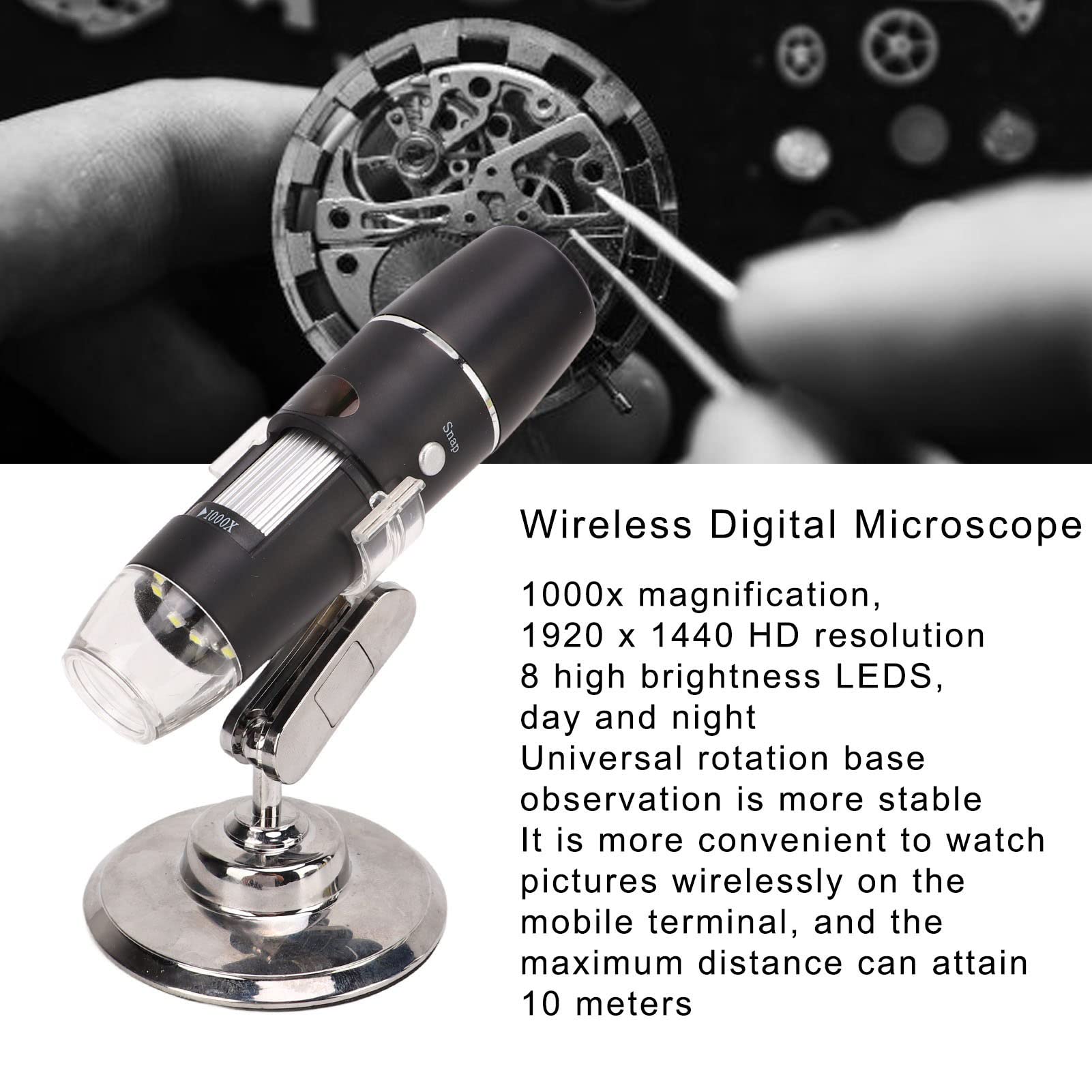 Microscopio Digital Inalámbrico HD 1000X con Base Giratoria para Tableta iOS, Ideal para Niños, Microscopio Electrónico Portátil de Mano