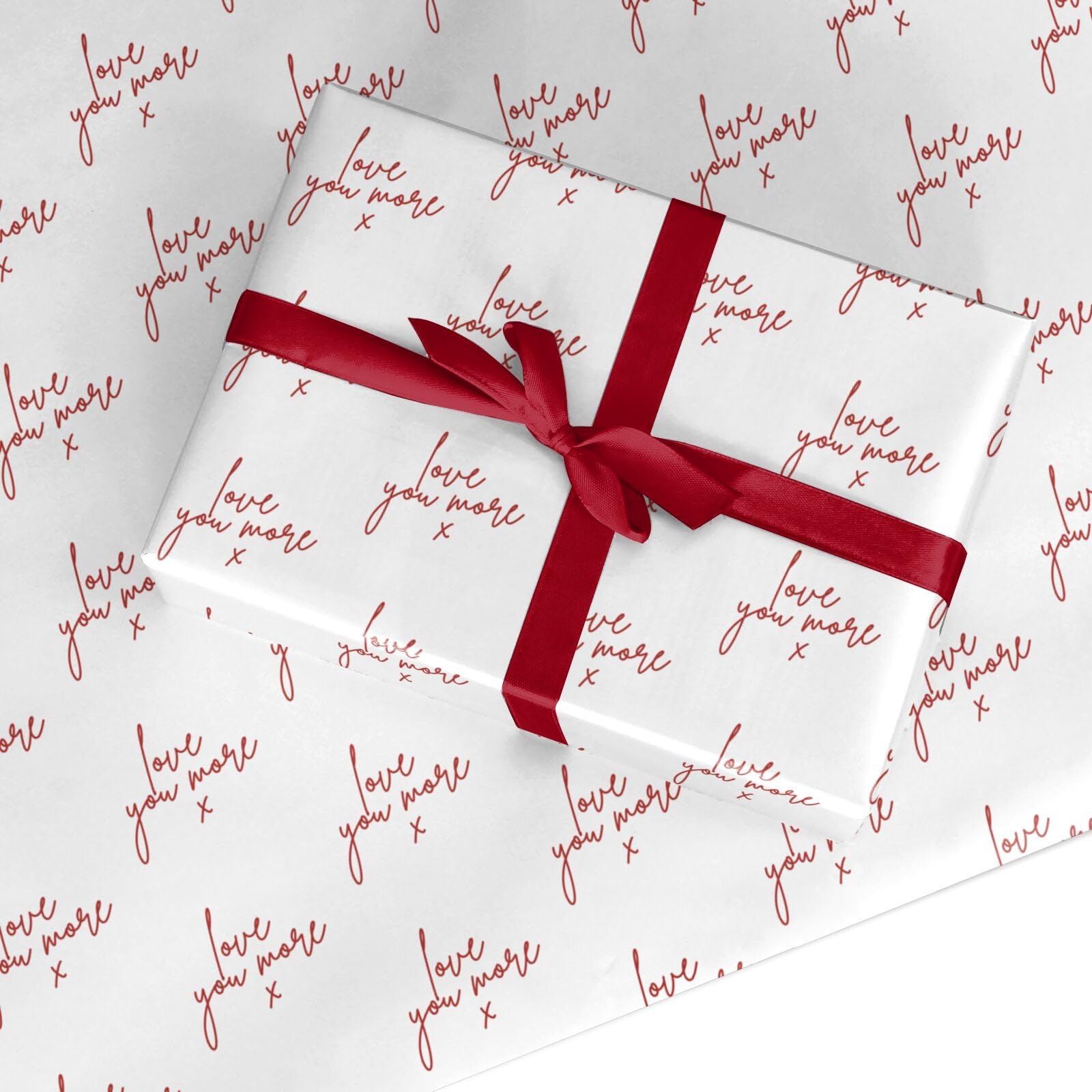 Love You More Wrapping Paper - Wedding Anniversary Birthday Valentines Day Gift Wrap for Couples Women and Men - Red Handwritten Script Text Design Present Paper Made in the UK - 6 Sheets (50x70cm)