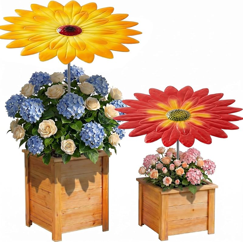 2 Pack Metal Plant Umbrellas for Outdoor Small Plants Shade Cover 15.8 in Metal Shade Disk Outdoor Garden Umbrella for Potted Live Decor (Red, Yellow)