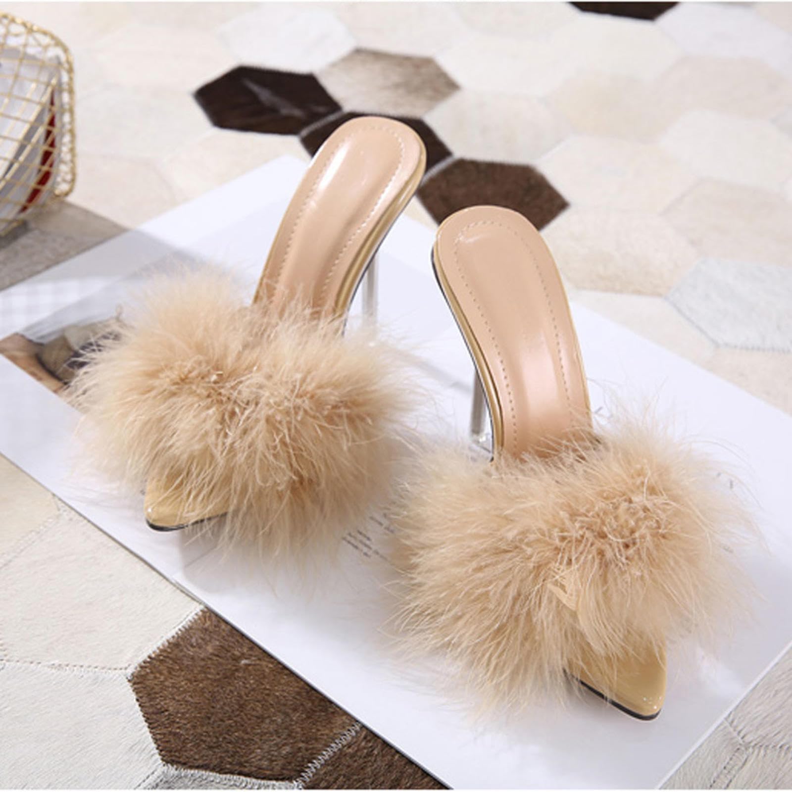 tacchi donna Sandali Con Tacco Alto 10CM Hair Ball Donna Sandali Estivi In ​​cristallo Trasparente,Beige-39
