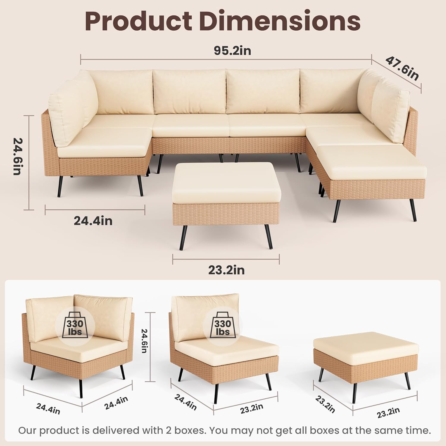 Pamapic 8-Piece Wicker Outdoor Furniture Set, All-Weather Patio Conversation Set with Thick Cushions & 2 Multi-Use Ottomans, Sectional Sofa Patio Furniture Set for Backyard, Porch, Beige