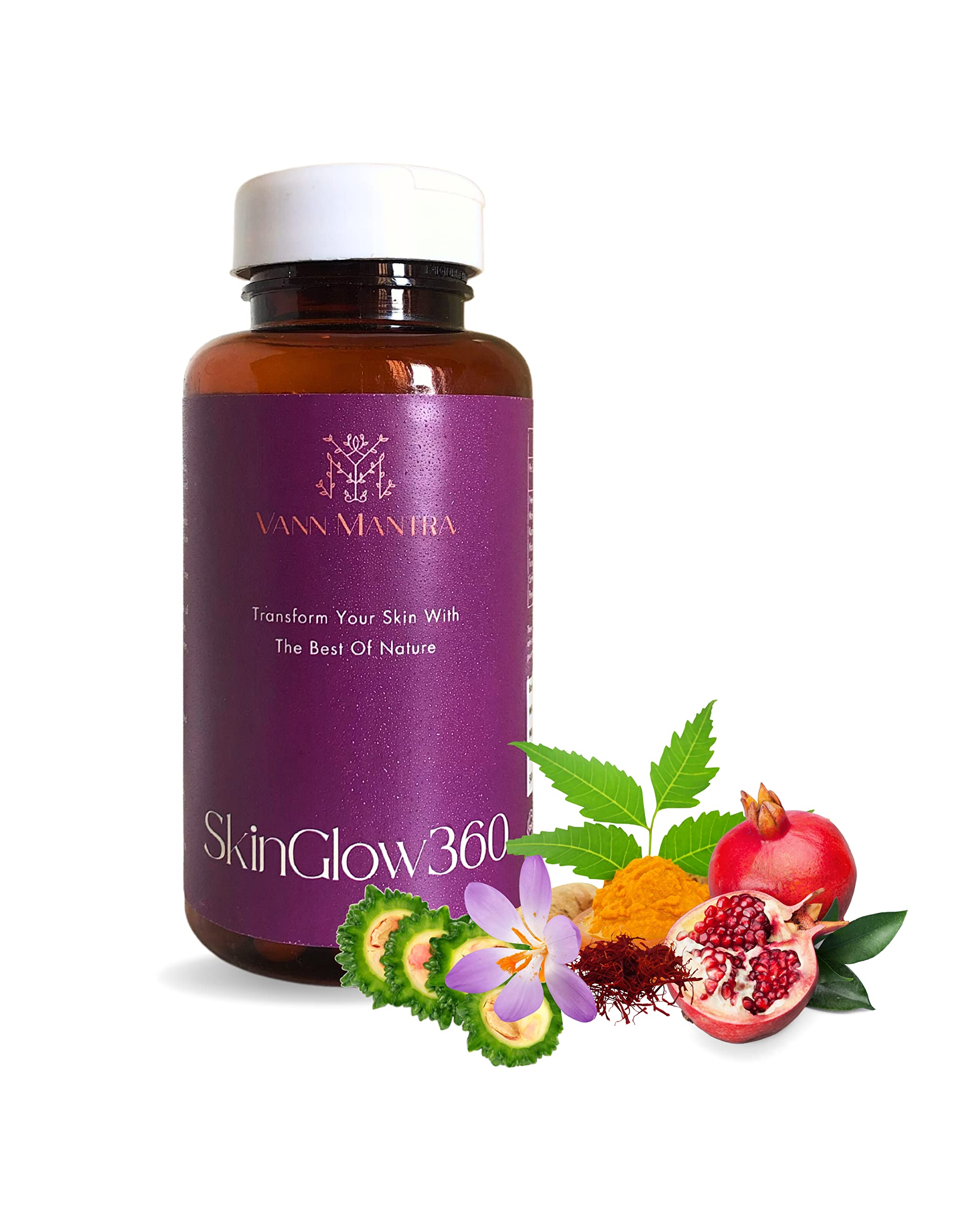 VANN MANTRA Skin Glow 360 Capsules (60 Capsule, 500mg Each), All-Natural Beauty Supplements with Turmeric, Neem & Saffron for Radiant Skin, Hair & Nails, Supports Even Skin Tone and Hydration