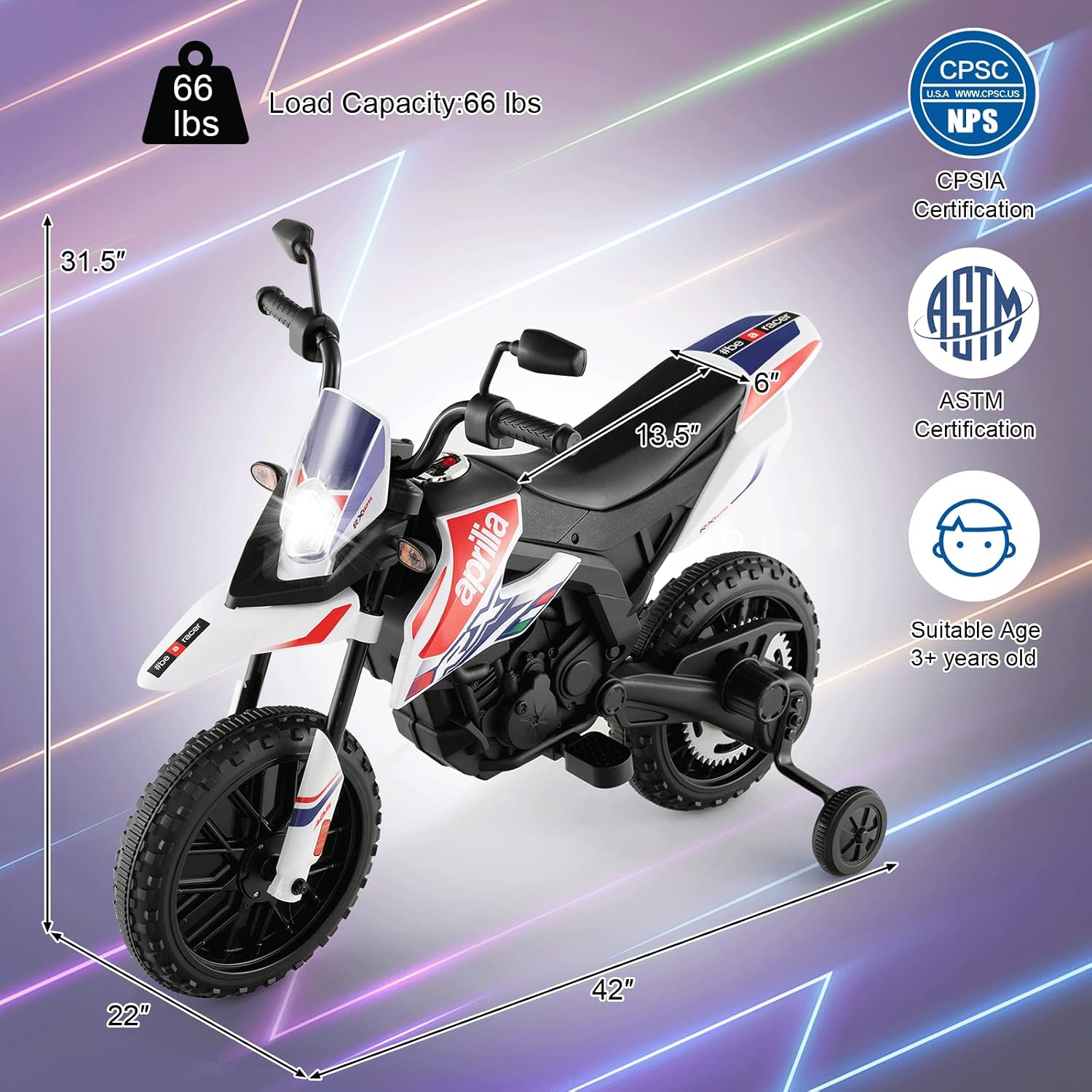 HONEY JOY Kids Motorcycle, 12V Aprilia Licensed Battery Powered Electric Vehicle Dirt Bike w/Training Wheels, Headlight & Music, Spring Suspension, Ride on Motorcycle, Gift for Boys Girls (White)