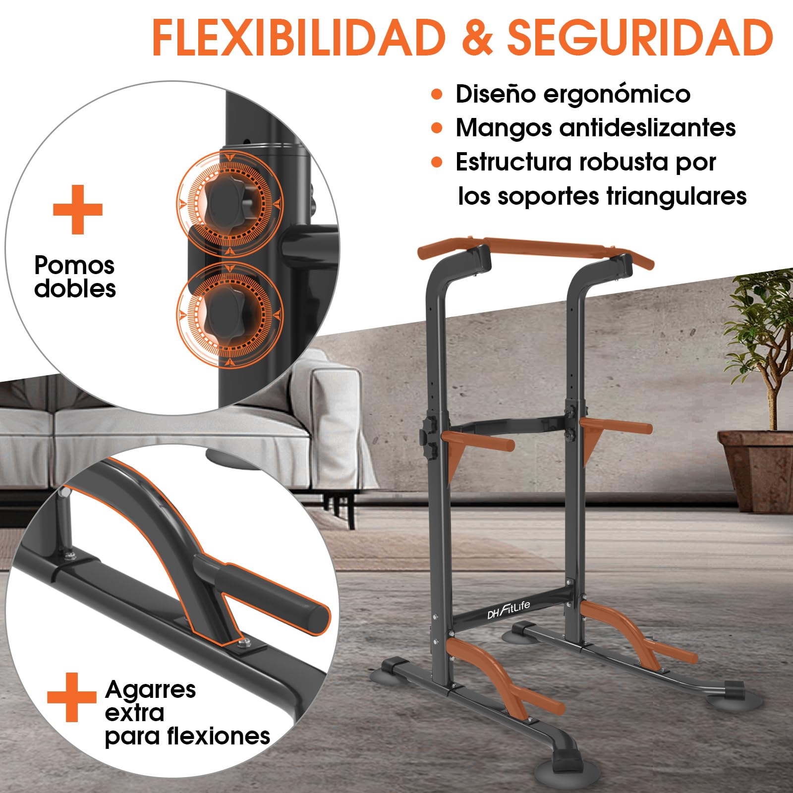 DH FitLife Power Tower Dip Station | Barra de Dominadas Independiente | Estación de Fondos | Barras Paralelas para Espalda | Estación de Entrenamiento Multifuncional | Power Rack Para Gimnasio en Casa