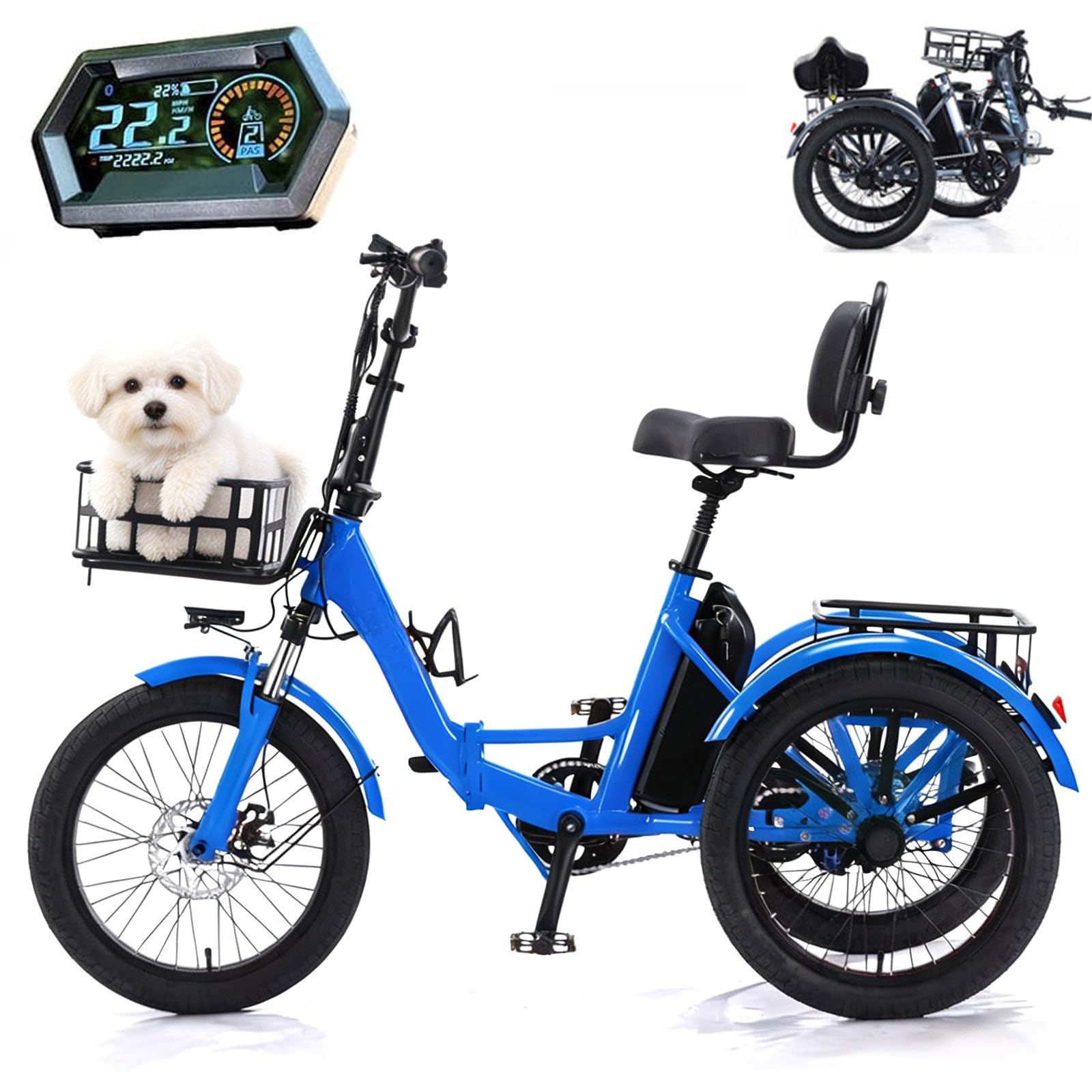 BuilfutenM Fat Wheel Electric Foldable Tricycle Bike Adult Fat Tyre with Cargo Basket Easy Climbing Load Capacitay Fat Tire for Adults,Comfortable Rides 20Inch-Blue