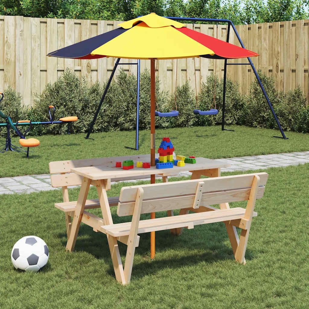Tavolo da Picnic in Legno di Abete Massello con Panche Integrate 2 in 1 per Bambini, Set per Giardino e Spazi Esterni con Foro Ombrellone e Struttura Stabile a Forma W