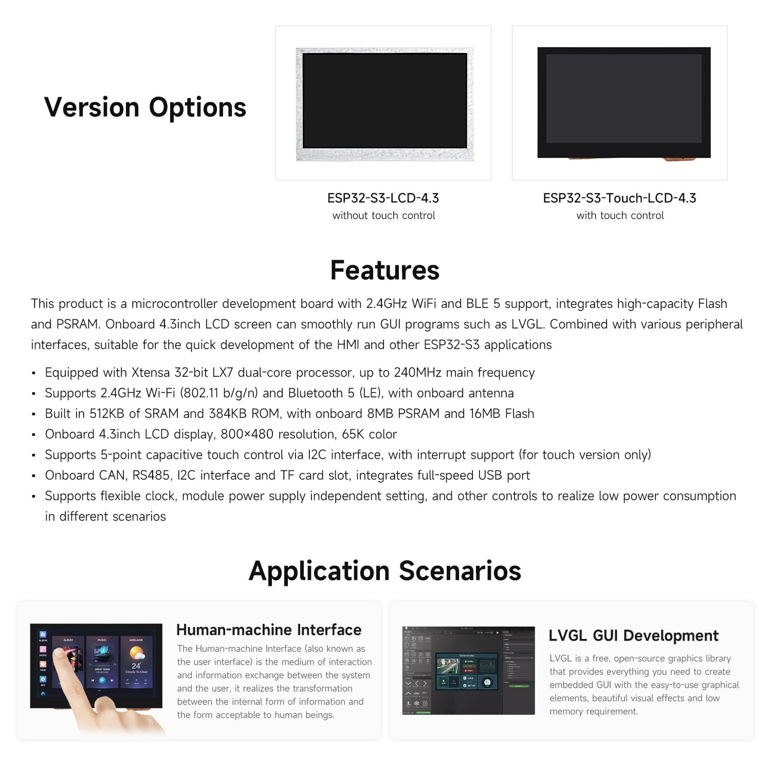 Waveshare ESP32-S3 4.3inch Capacitive 5Point Touch Display Development Board, 800x480, 32Bit LX7 2-Core Processor, 240MHz, Support WiFi, Onboard Antenna, Suitable for ESPHome/Home Assistant Project