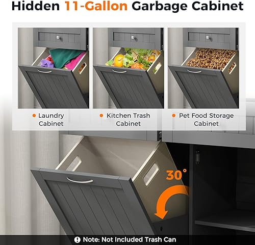 Miniatura 15 de Armario de basura inclinable, isla de cocina con 2 cajones y estante ajustable, encimera de madera de goma, cesta de lavandería independiente,