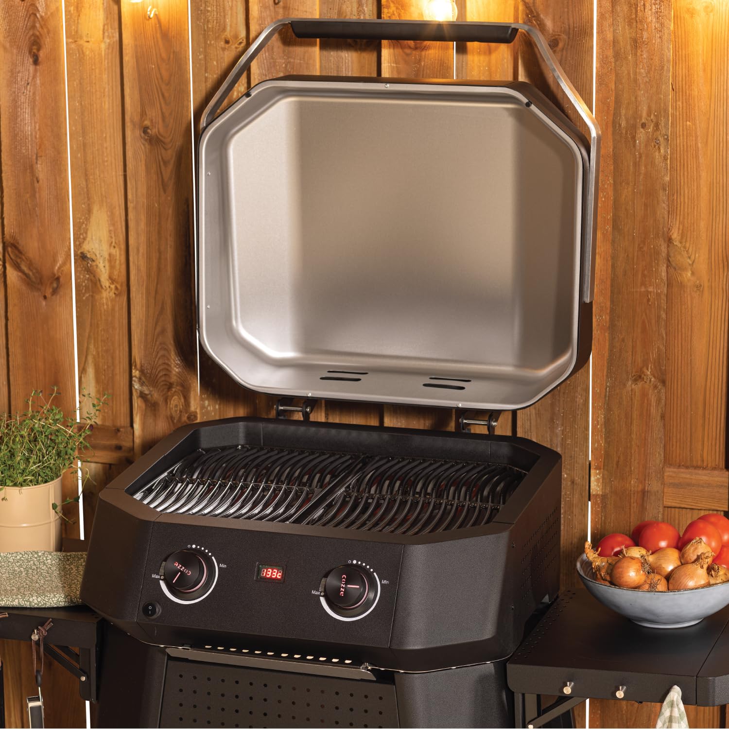 Cozze® E-500 Barbecue elettrico 2 zone – 2100 W, 230 V, area 51 x 39 cm, termometro digitale, 2 resistenze inox SS430, manopola LED, vaschetta raccogli-grassi, fino a 400°C