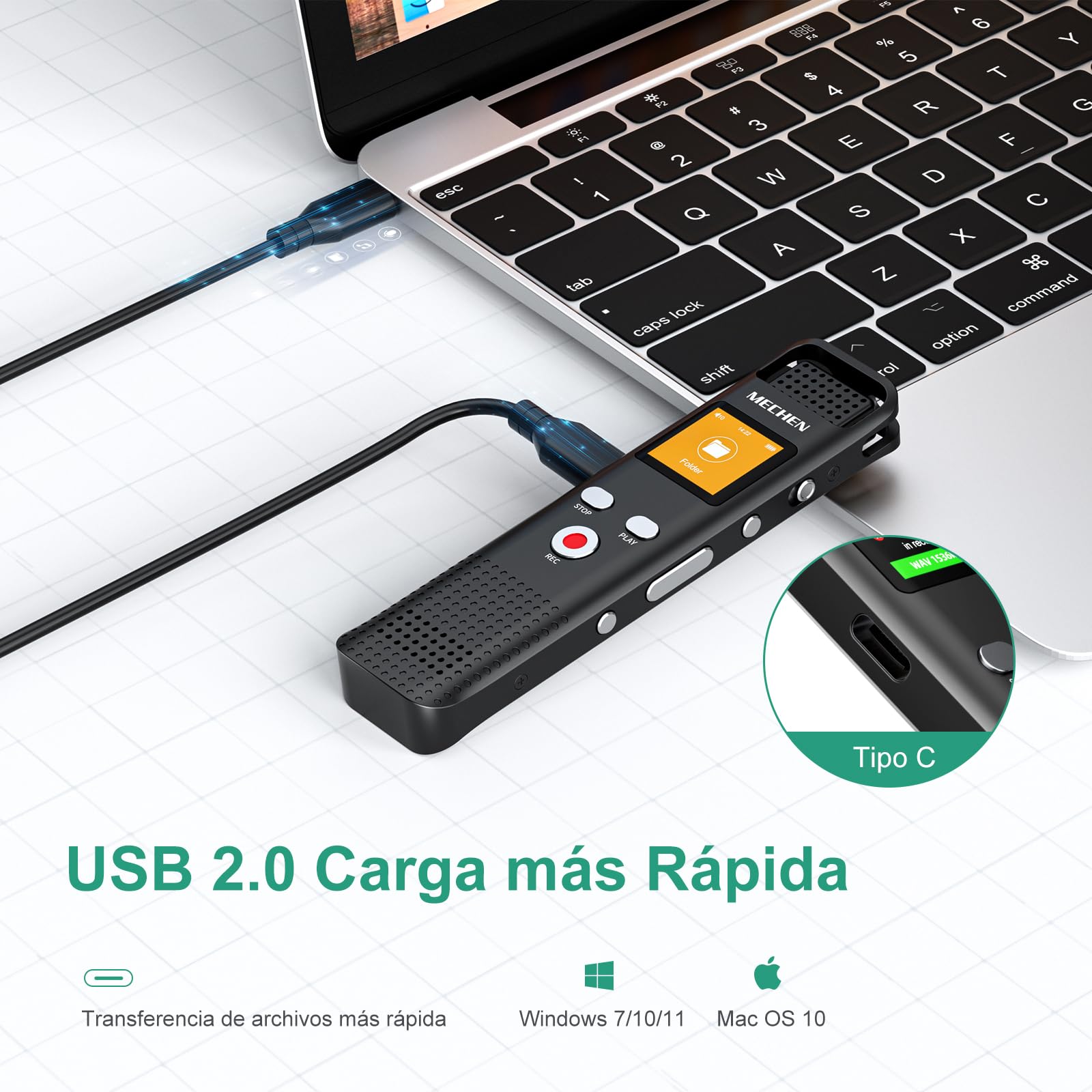 MECHEN 64GB Grabadora de Voz Digital, 1536 kbps con Reproductor de MP3, Calidad de Sonido HD, Reducción de Ruido, Grabación Activada por Voz, Función de Grabación para Conferencias y Ponencias (V02)