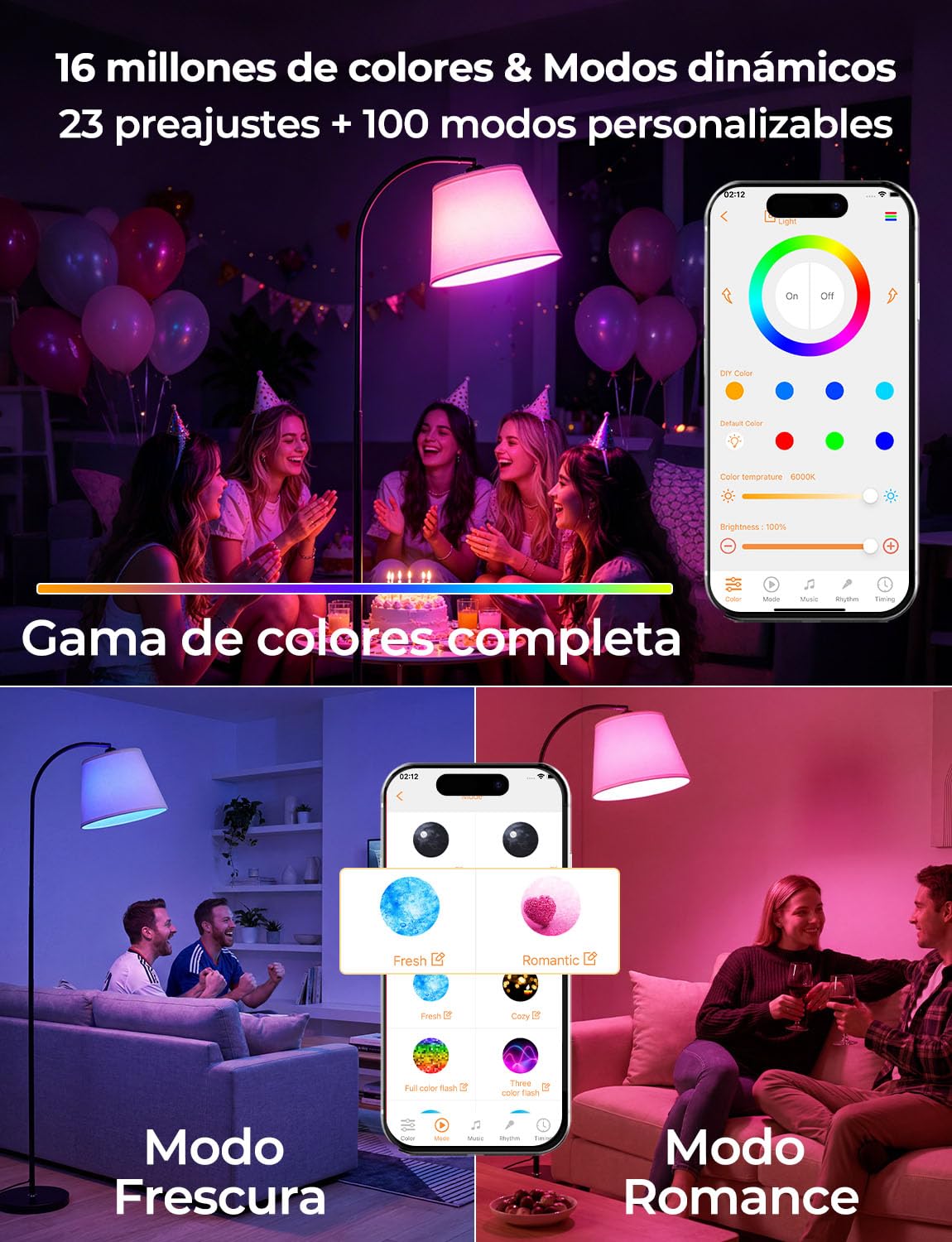 Lámpara de Pie Arco LED Salon Moderna RGB Inteligente, 170CM Control dual mediante interruptor de pie y aplicación, Regulable con bombilla, CRI92, 2700-6000K, 10W 1200LM, para Salón Dormitorio Oficina