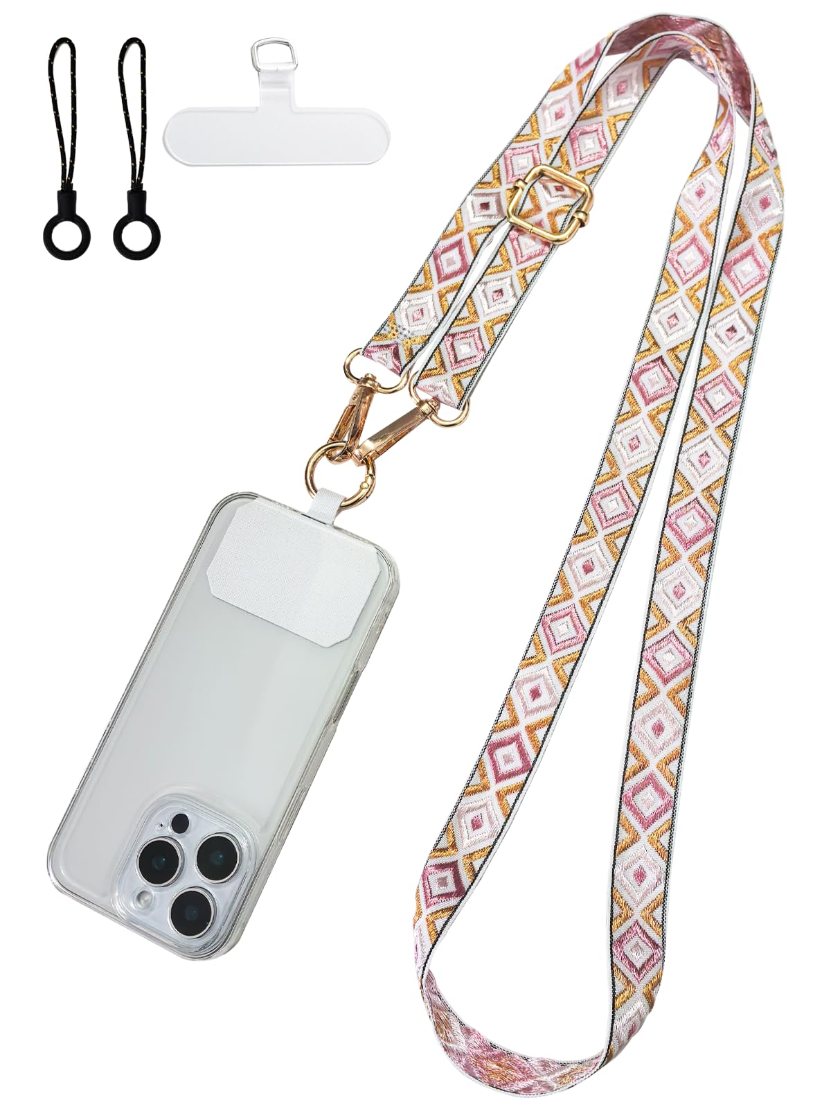 [Oumino] スマホストラップ ショルダー 携帯ストラップ スマホ iPhone 対応 バッグ ショルダーストラップ エスニック ポーチ 肩掛け 調節可能 約62.5～120.5cm 極太 カメラ ネックストラップ 首掛け おしゃれ アウトドア 落下防止（ピンク）